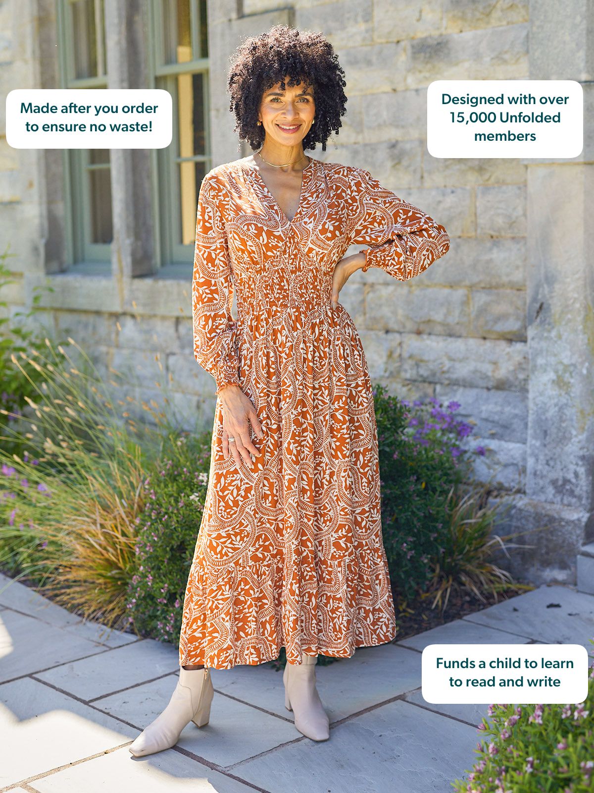 Carrie Shirred Waist Dress - Burnt Orange & Ecru Block Print