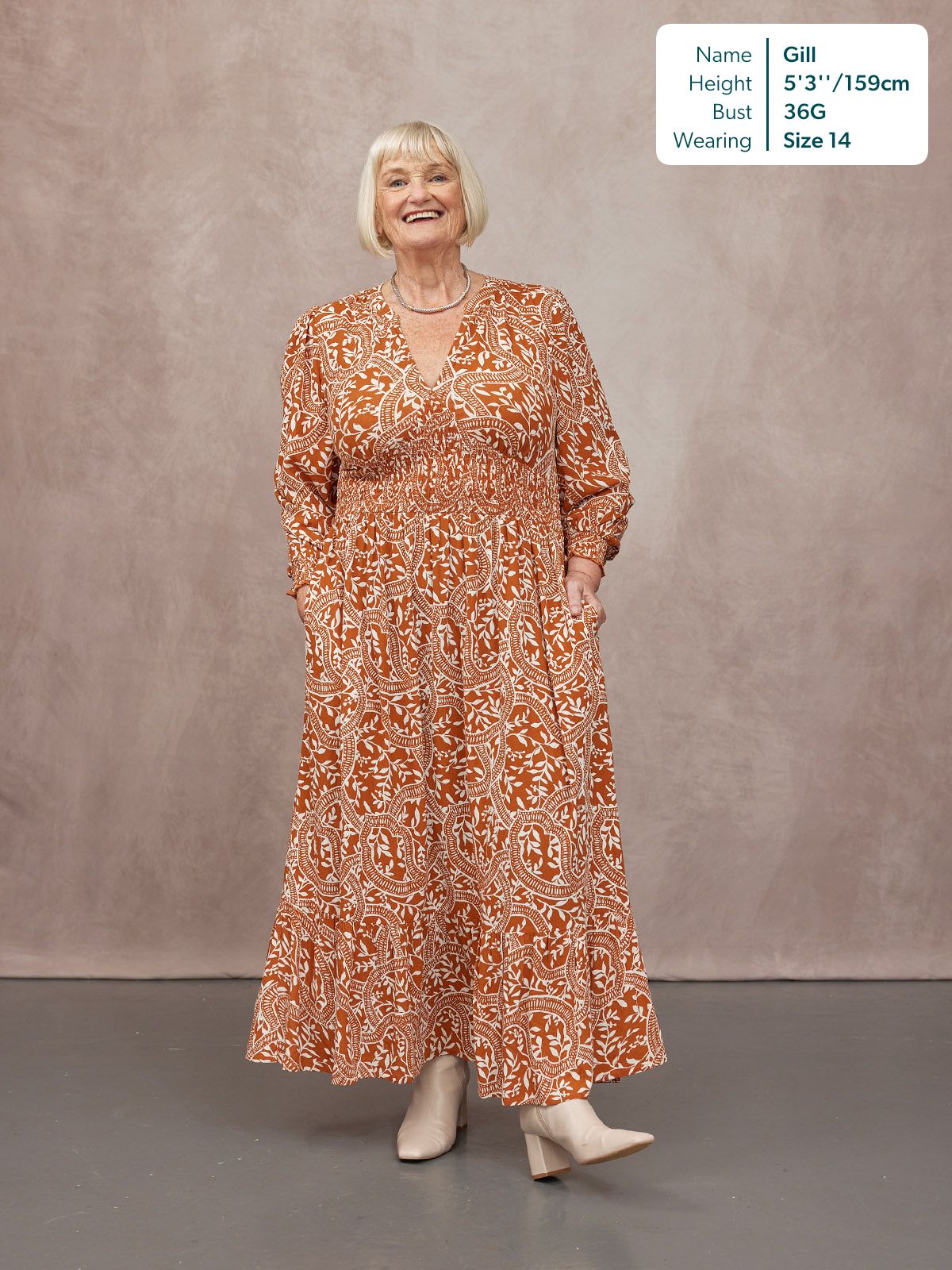 Carrie Shirred Waist Dress - Burnt Orange & Ecru Block Print