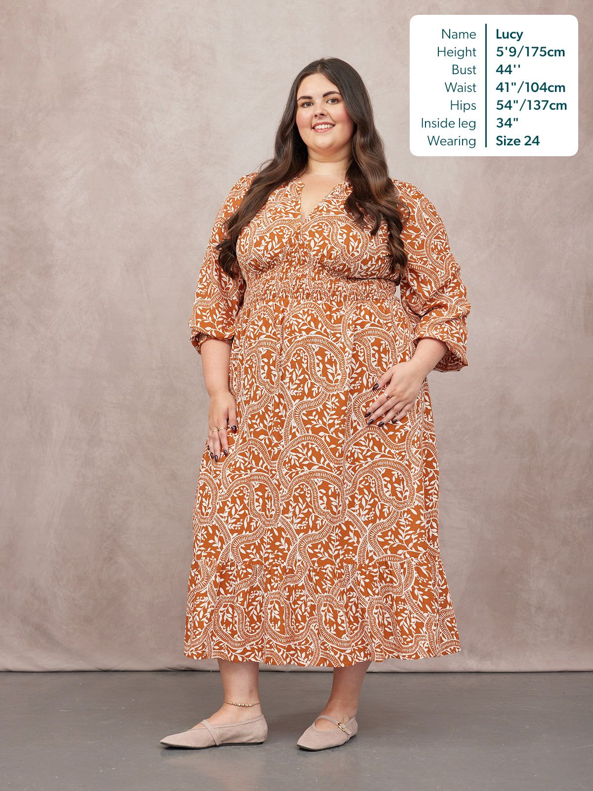 Carrie Shirred Waist Dress - Burnt Orange & Ecru Block Print