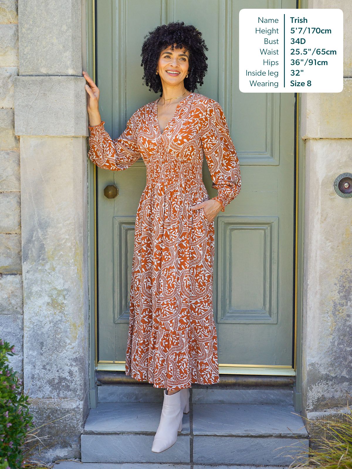 Carrie Shirred Waist Dress - Burnt Orange & Ecru Block Print