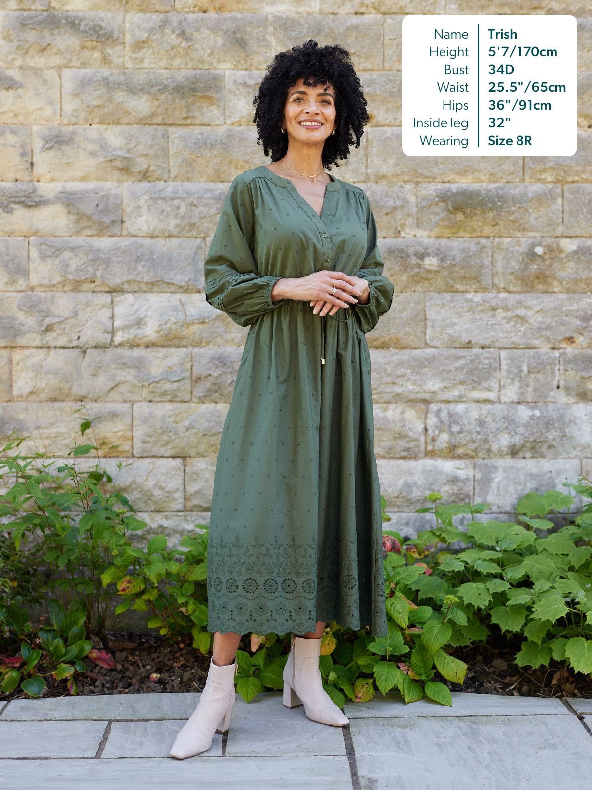 Ellen Long Sleeve Tie Waist Broderie Detail Dress - Khaki