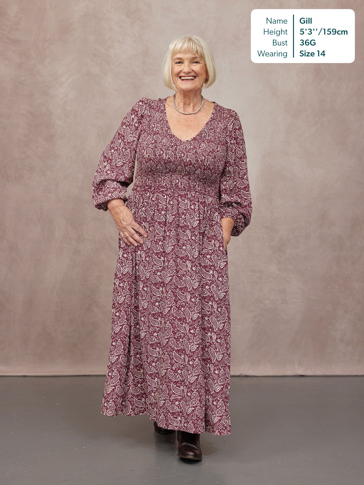 Gillian Shirred Bodice Dress - Maroon Paisley Print