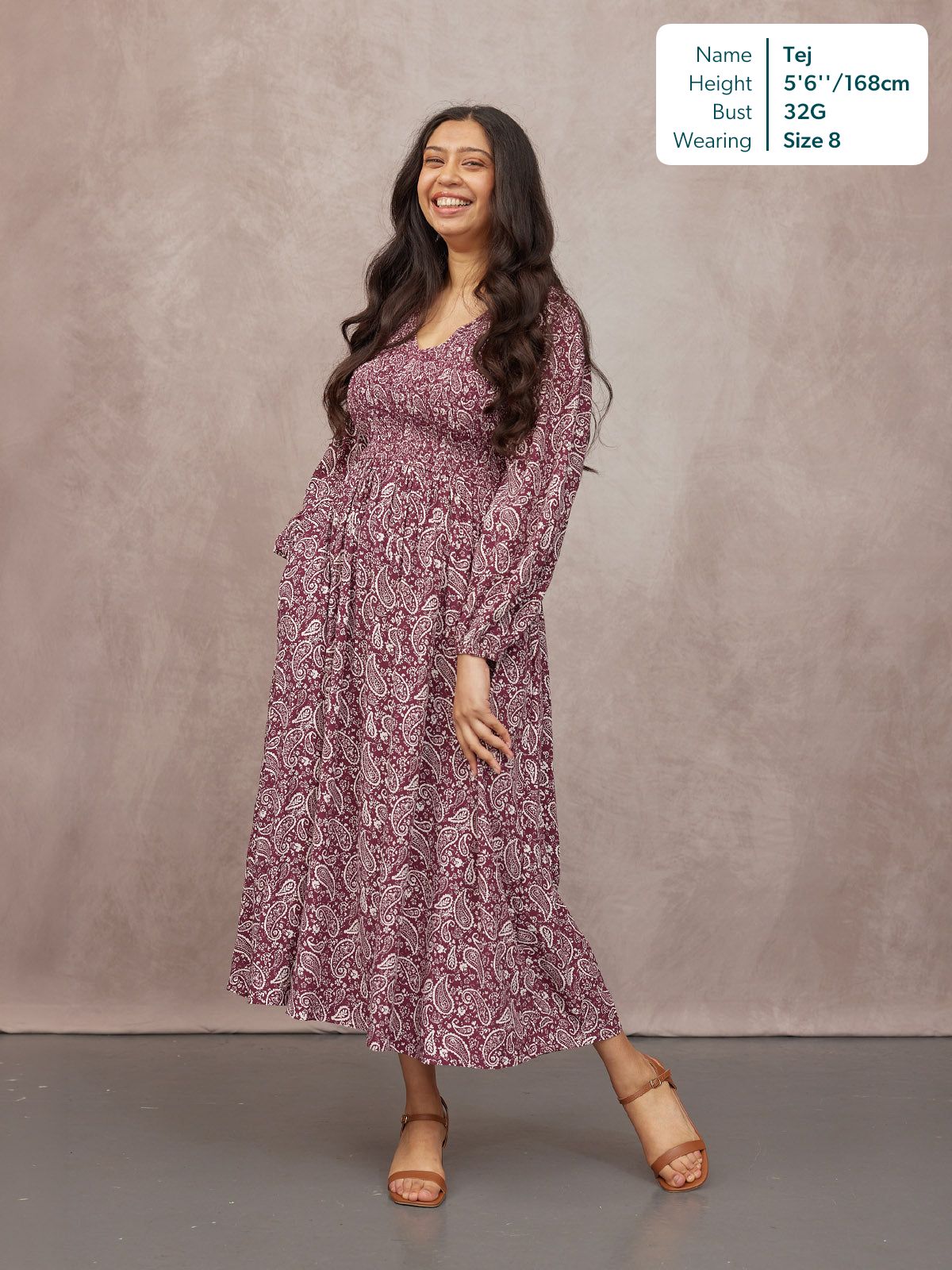 Gillian Shirred Bodice Dress - Maroon Paisley Print