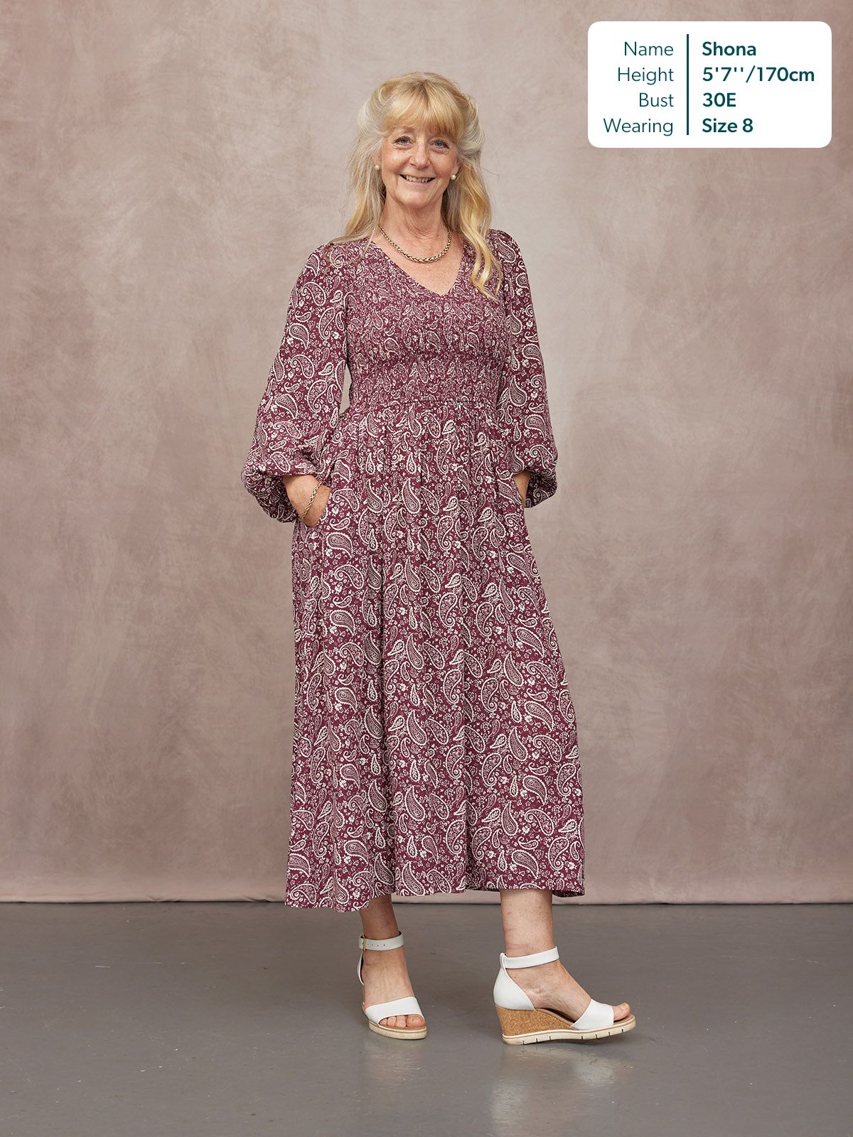 Gillian Shirred Bodice Dress - Maroon Paisley Print
