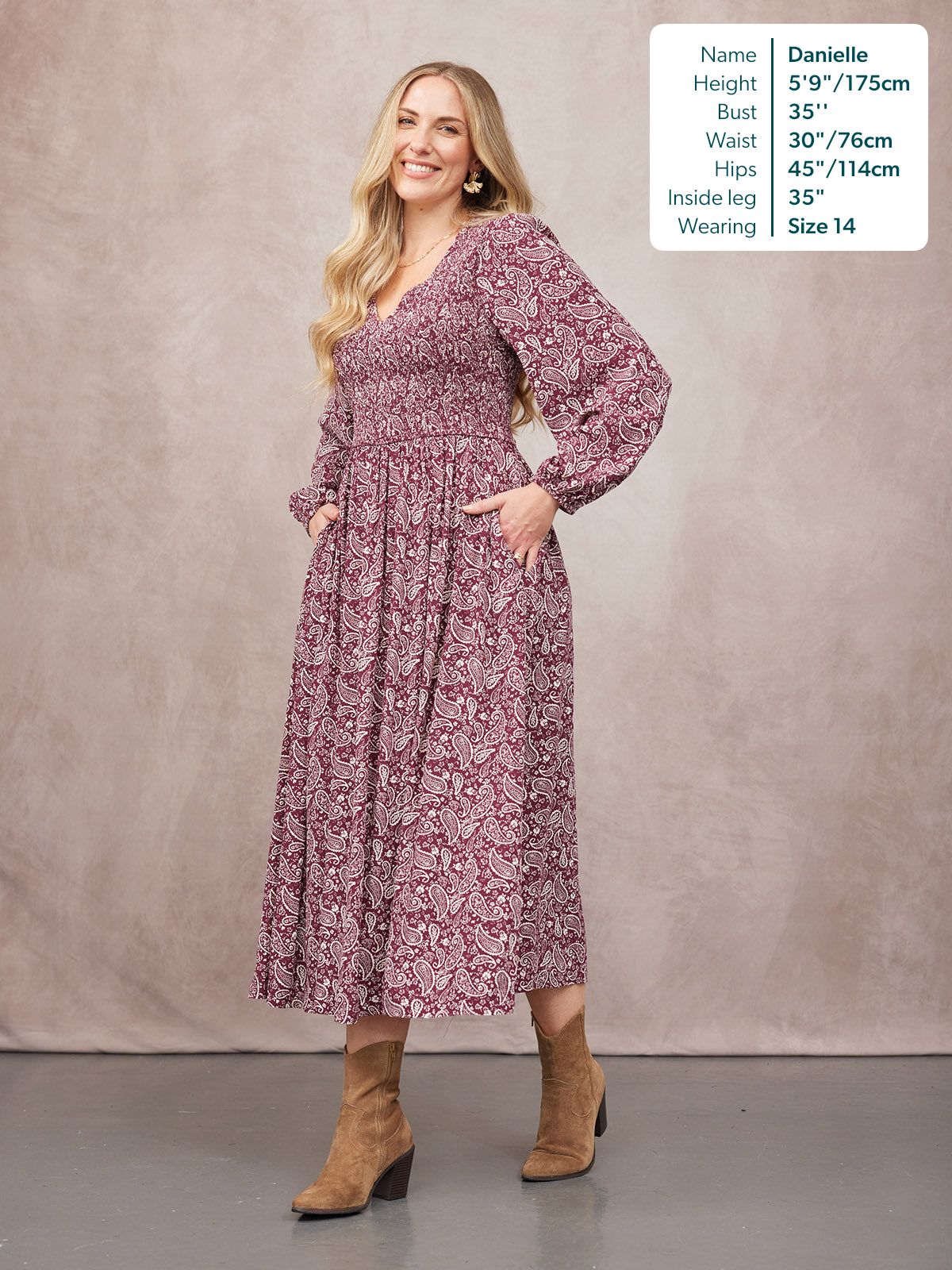 Gillian Shirred Bodice Dress - Maroon Paisley Print