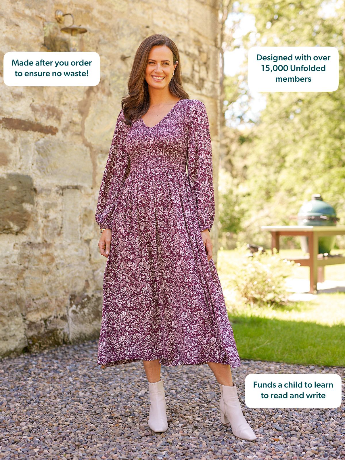 Gillian Shirred Bodice Dress - Maroon Paisley Print