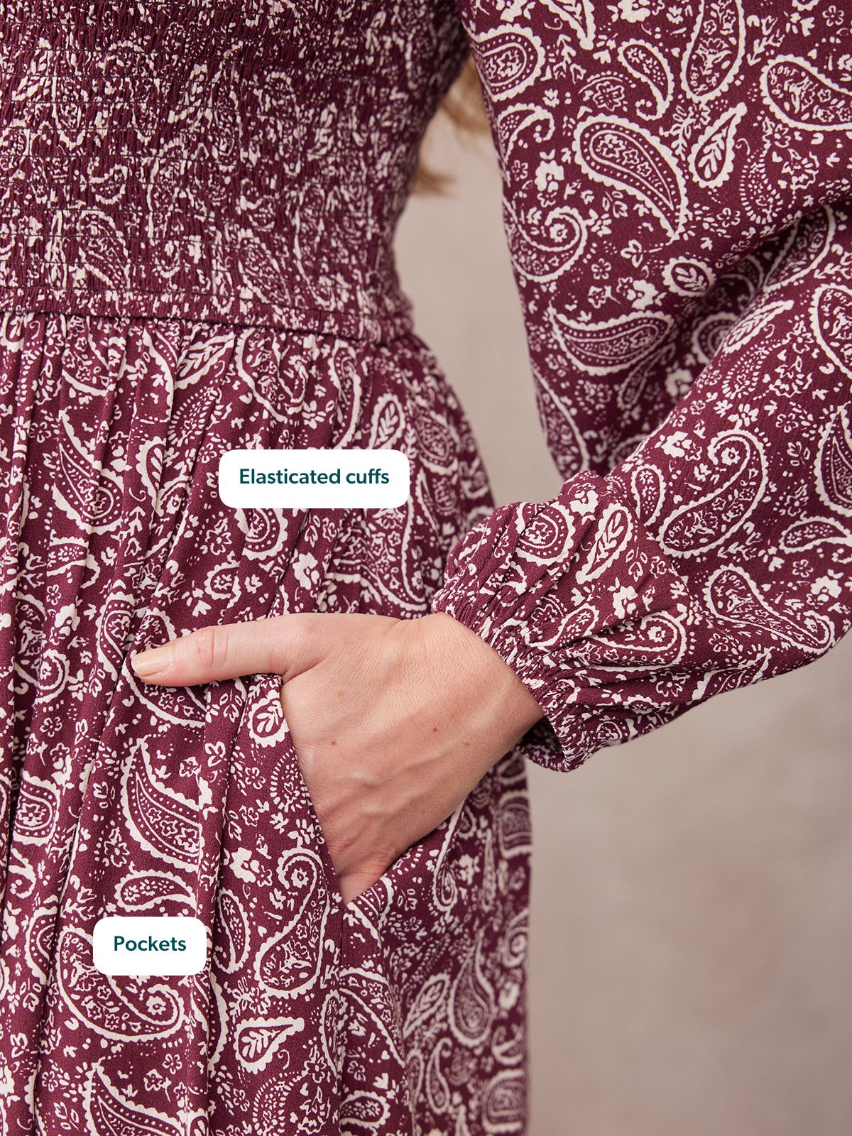 Gillian Shirred Bodice Dress - Maroon Paisley Print