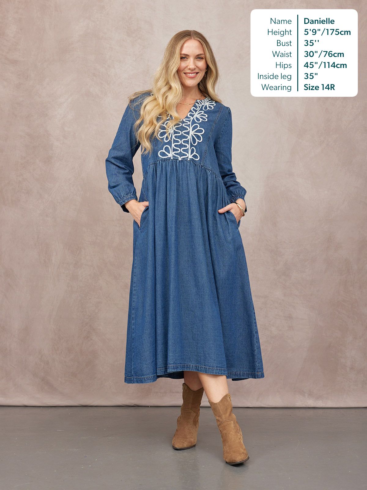 Gina Floral Decor Detail Denim Dress - Blue