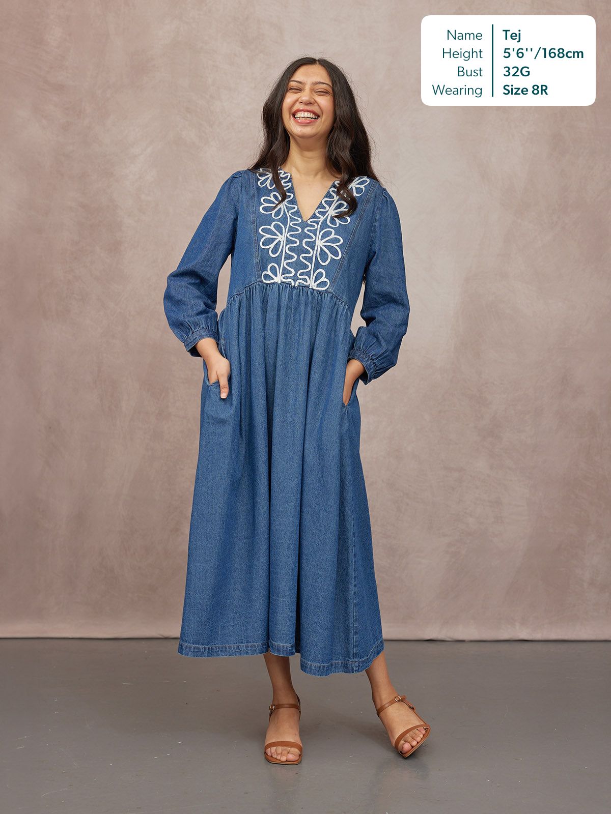 Gina Floral Decor Detail Denim Dress - Blue