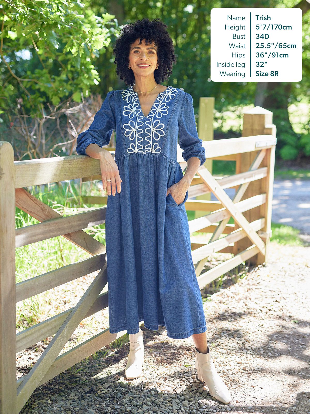 Gina Floral Decor Detail Denim Dress - Blue