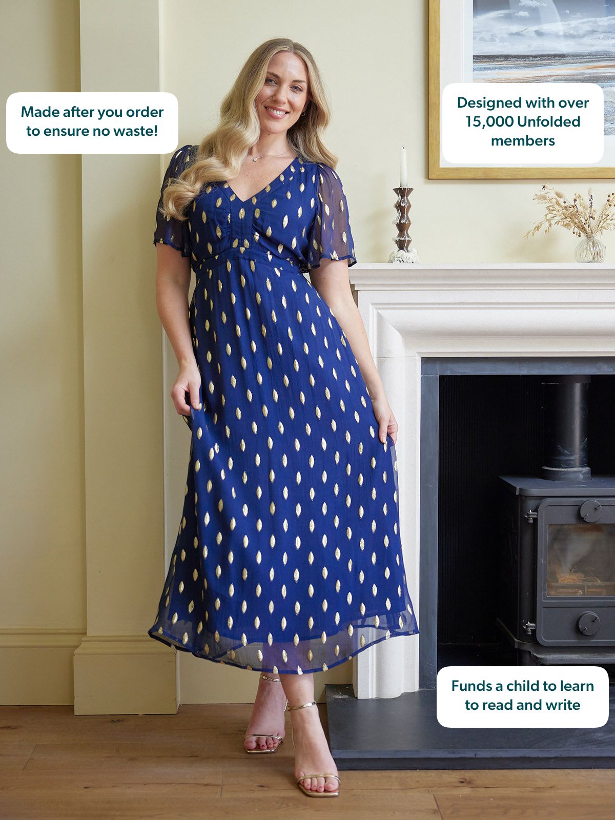 Helena Angel Sleeve Lurex Dress - Navy & Gold