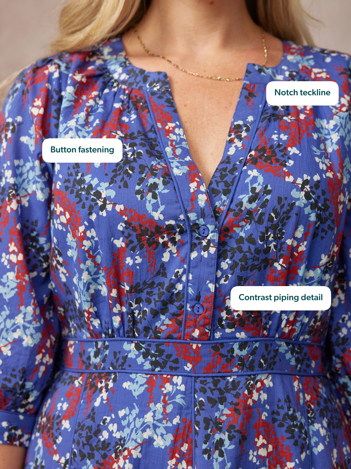 Jackie Contrast Trim Dress - Blue & Multi Floral Print