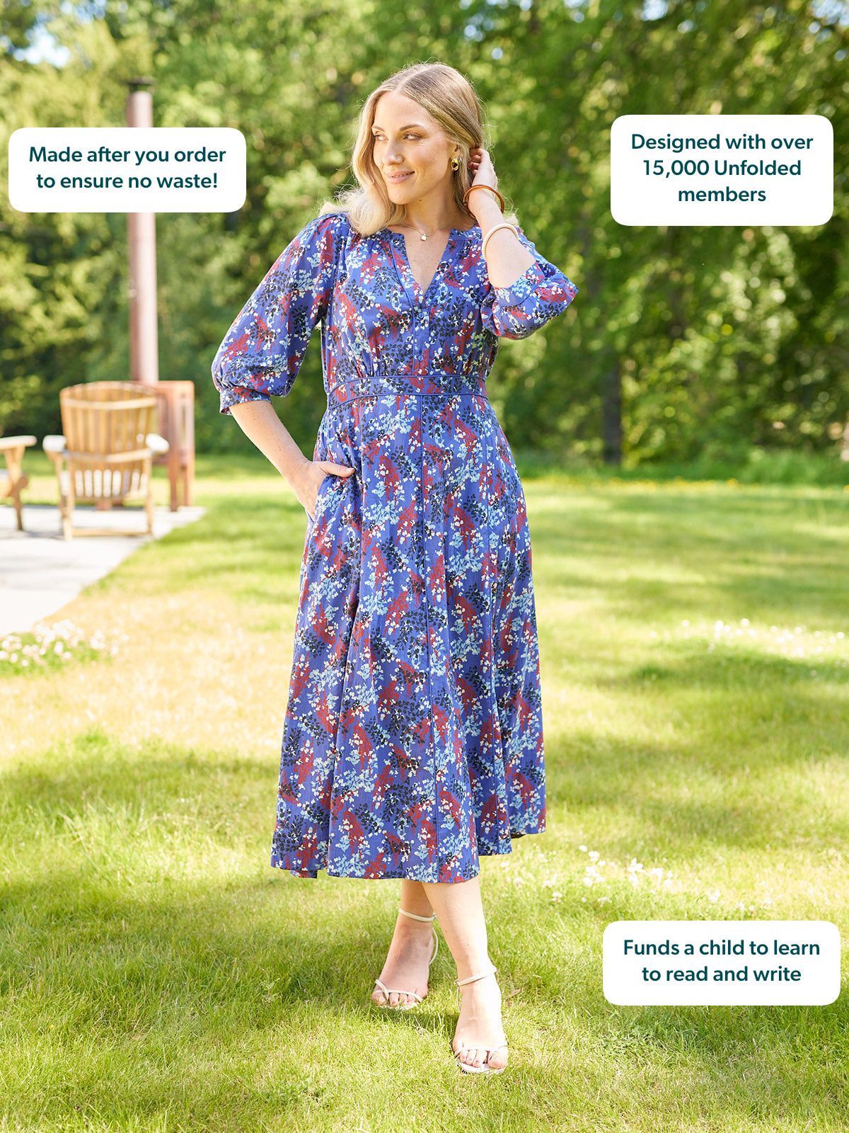Jackie Contrast Trim Dress - Blue & Multi Floral Print