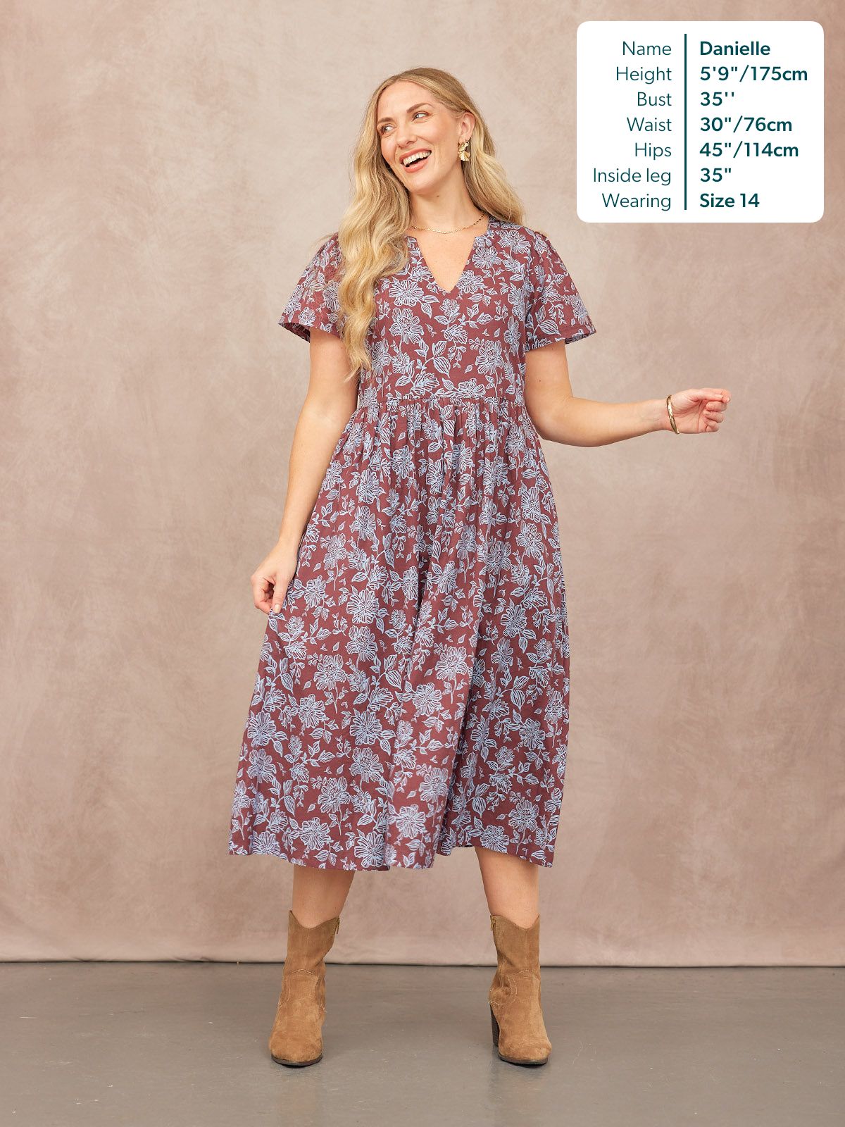 Leah Angel Sleeve Dress - Brown & Blue Floral Print