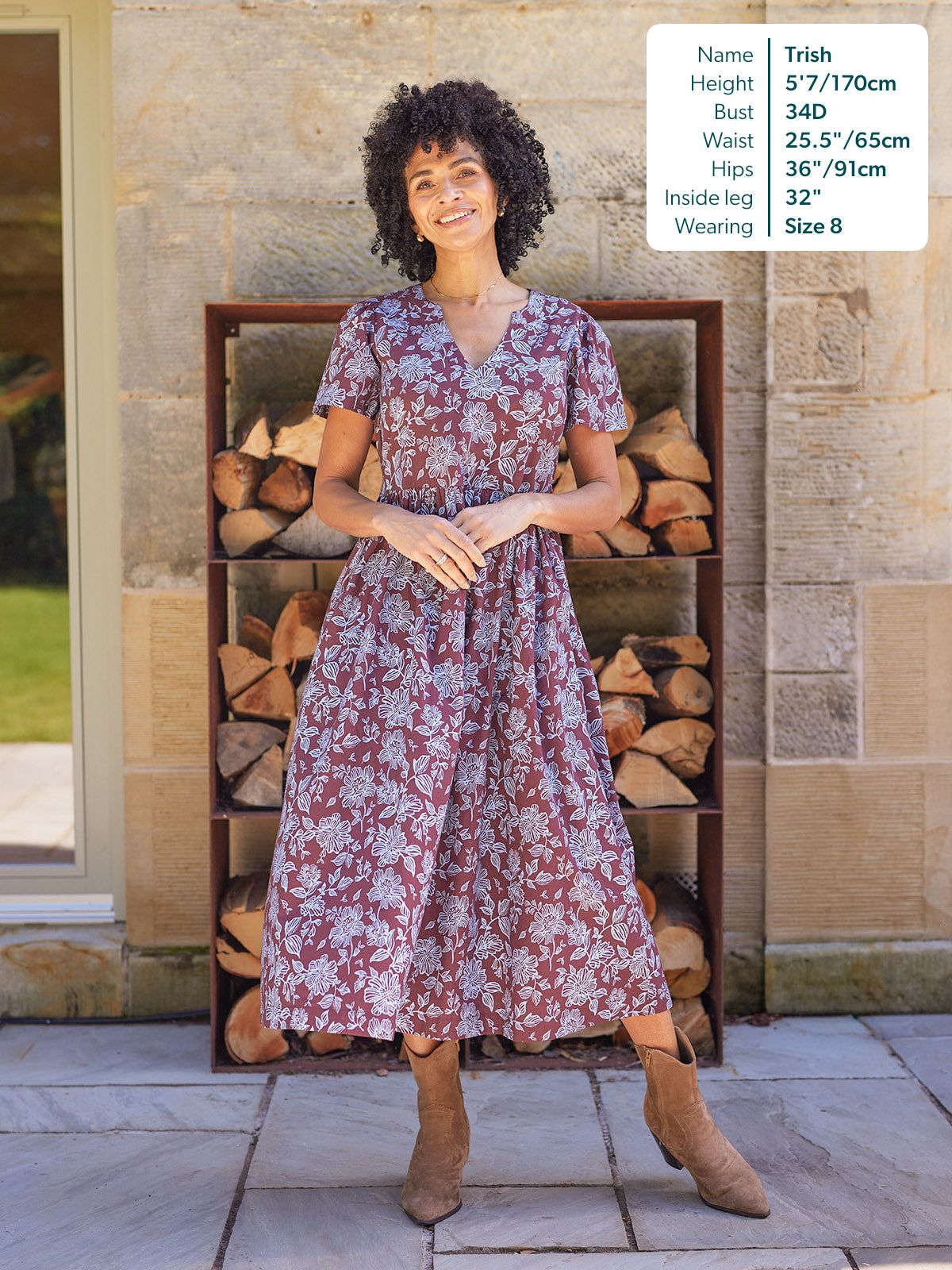 Leah Angel Sleeve Dress - Brown & Blue Floral Print