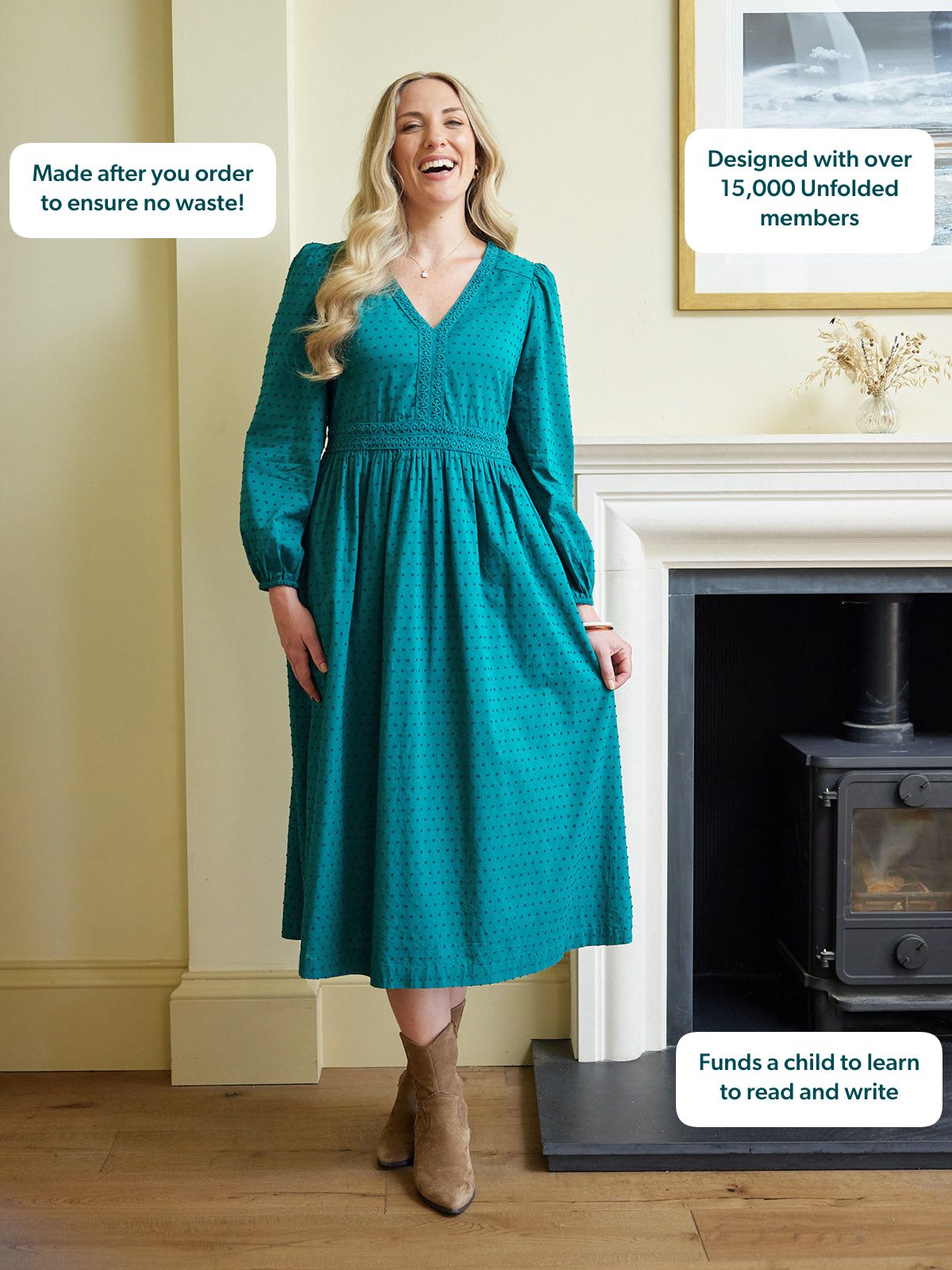 Luisa Swiss Dot Cotton Trim Detail Dress - Teal