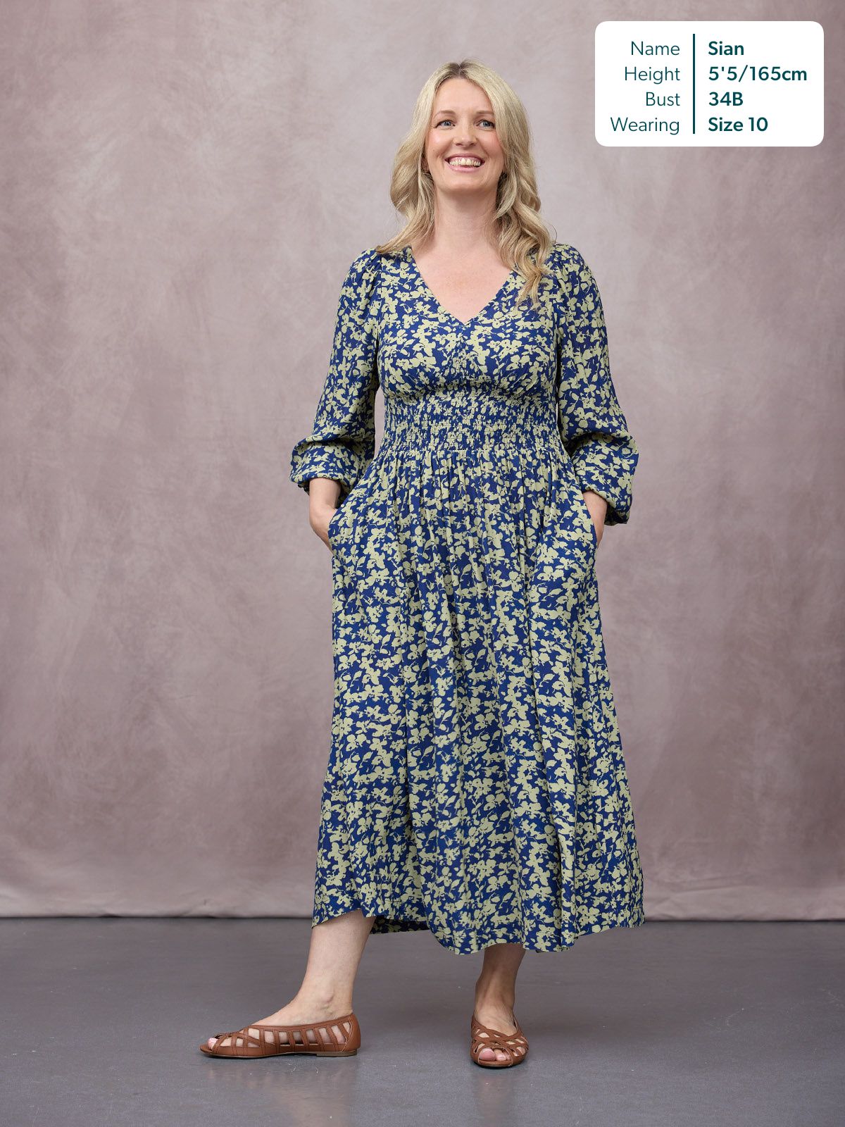Maddie Long Sleeve Dress - Navy & Green Leaf Print