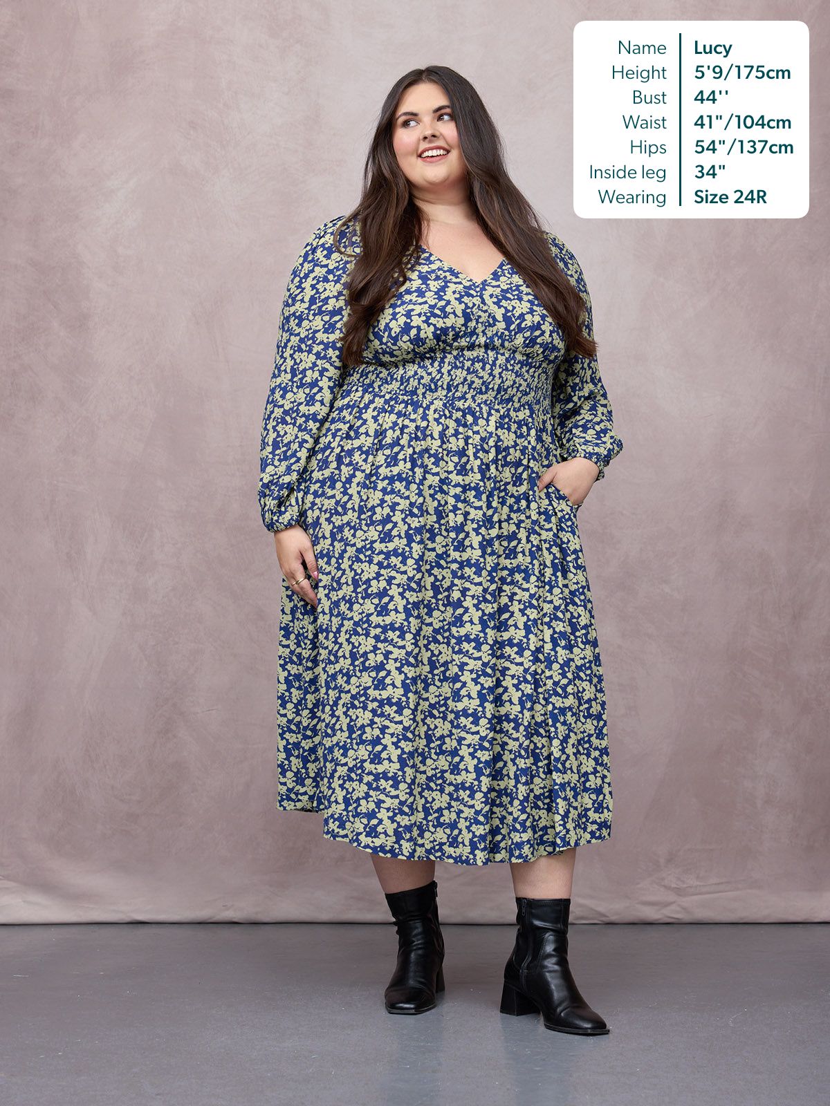 Maddie Long Sleeve Dress - Navy & Green Leaf Print