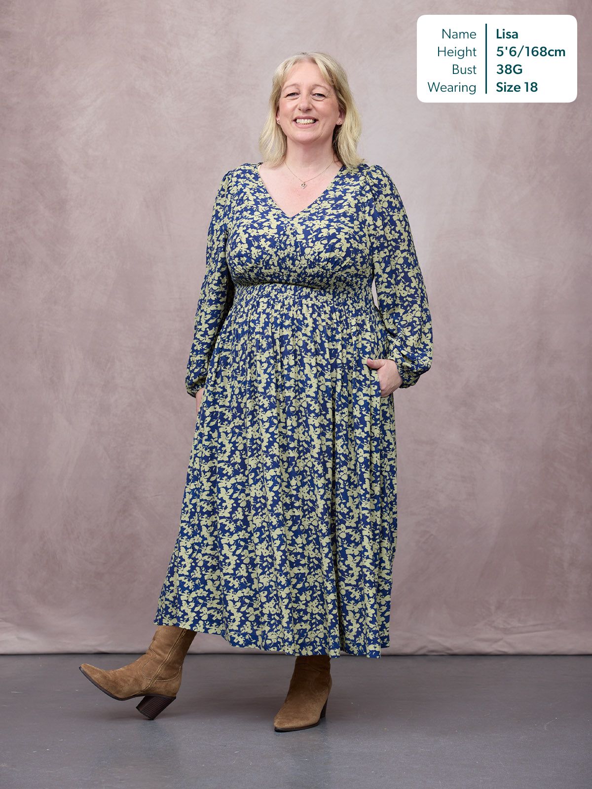 Maddie Long Sleeve Dress - Navy & Green Leaf Print