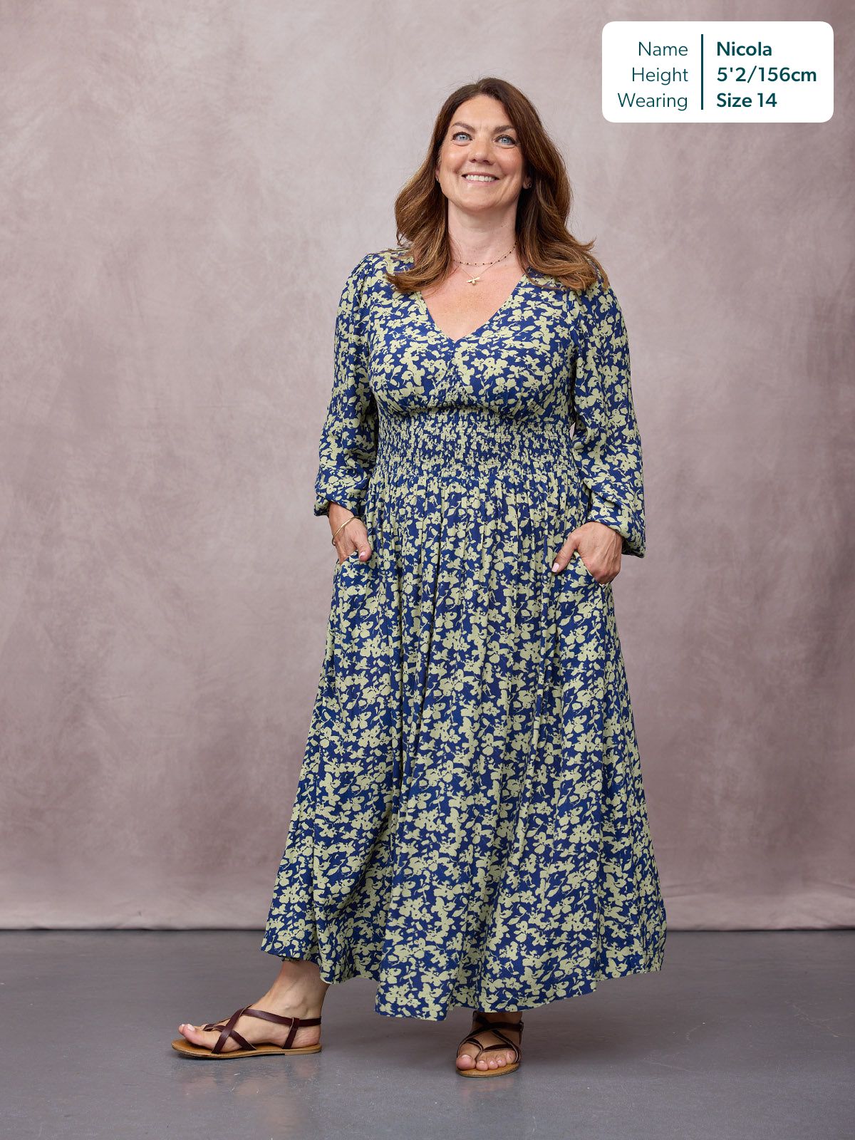 Maddie Long Sleeve Dress - Navy & Green Leaf Print