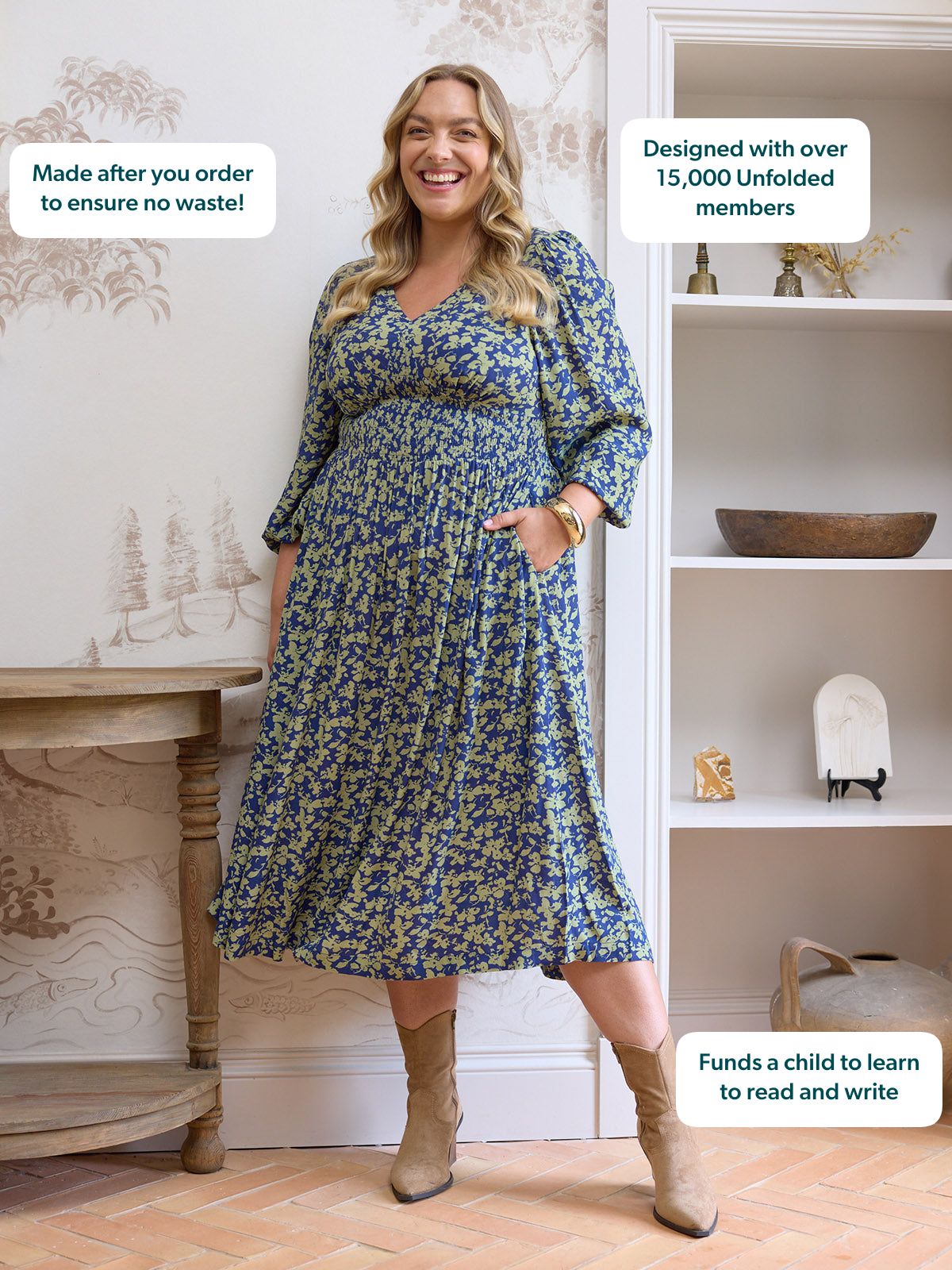 Maddie Long Sleeve Dress - Navy & Green Leaf Print