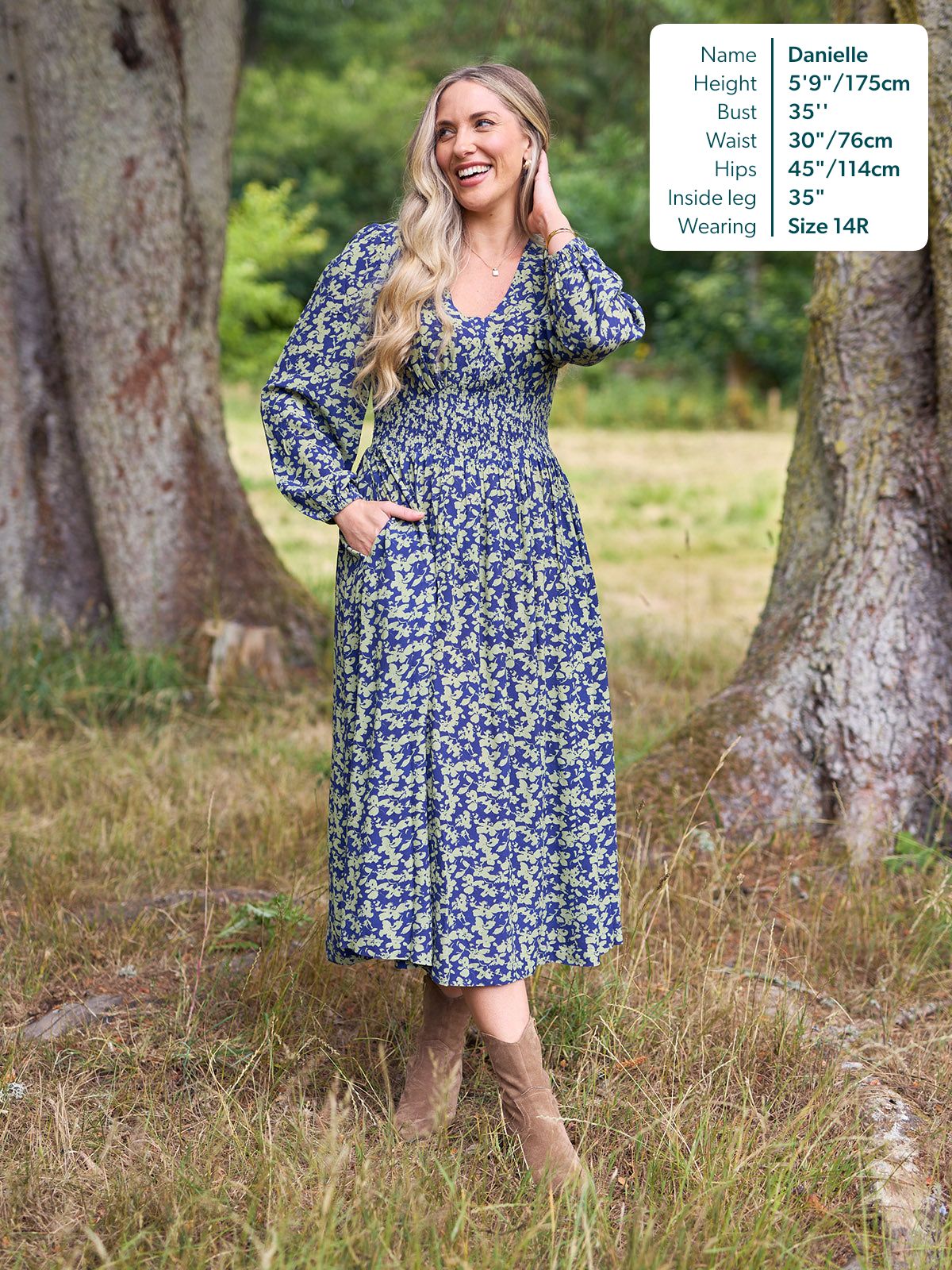 Maddie Long Sleeve Dress - Navy & Green Leaf Print