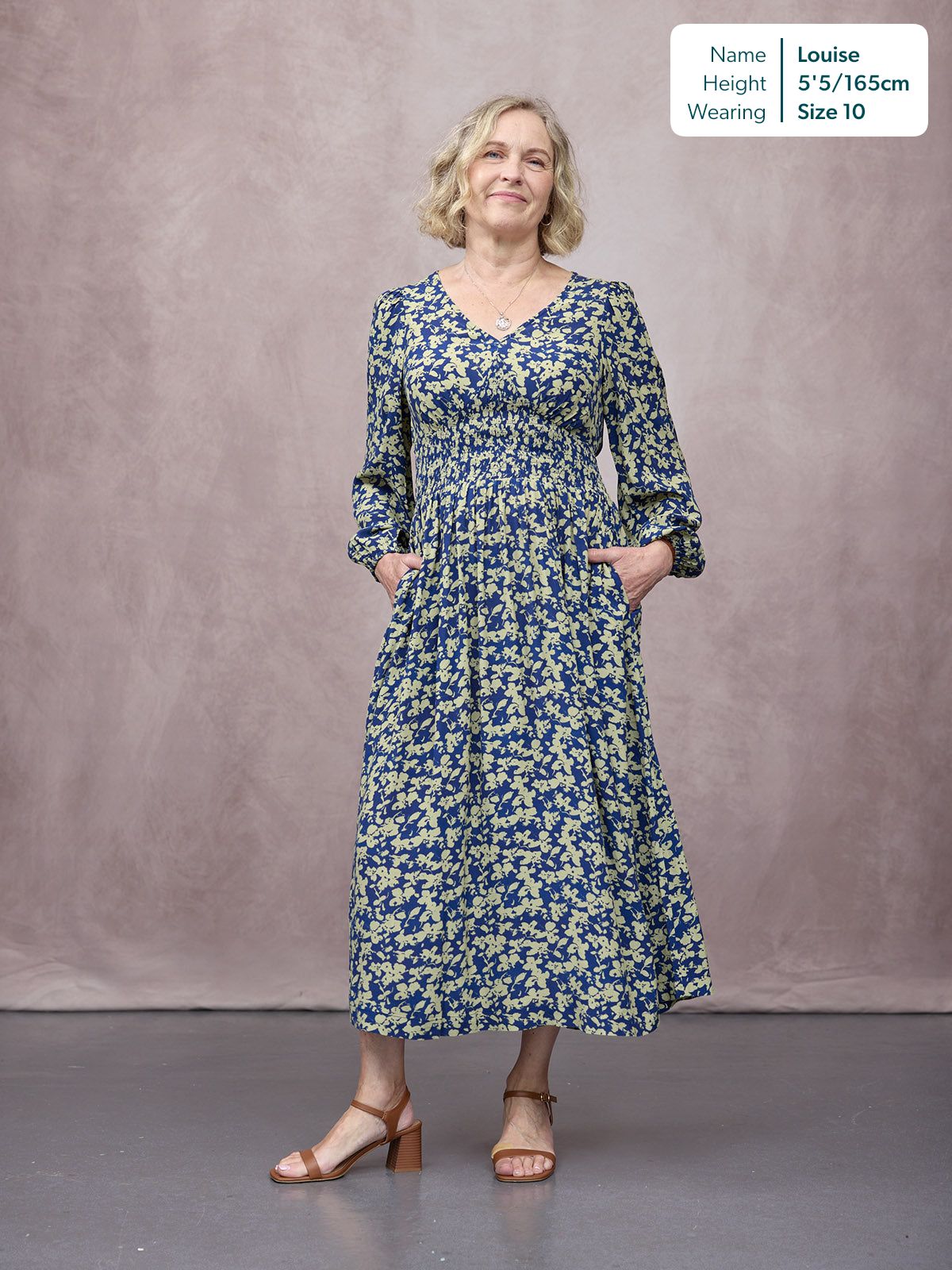 Maddie Long Sleeve Dress - Navy & Green Leaf Print
