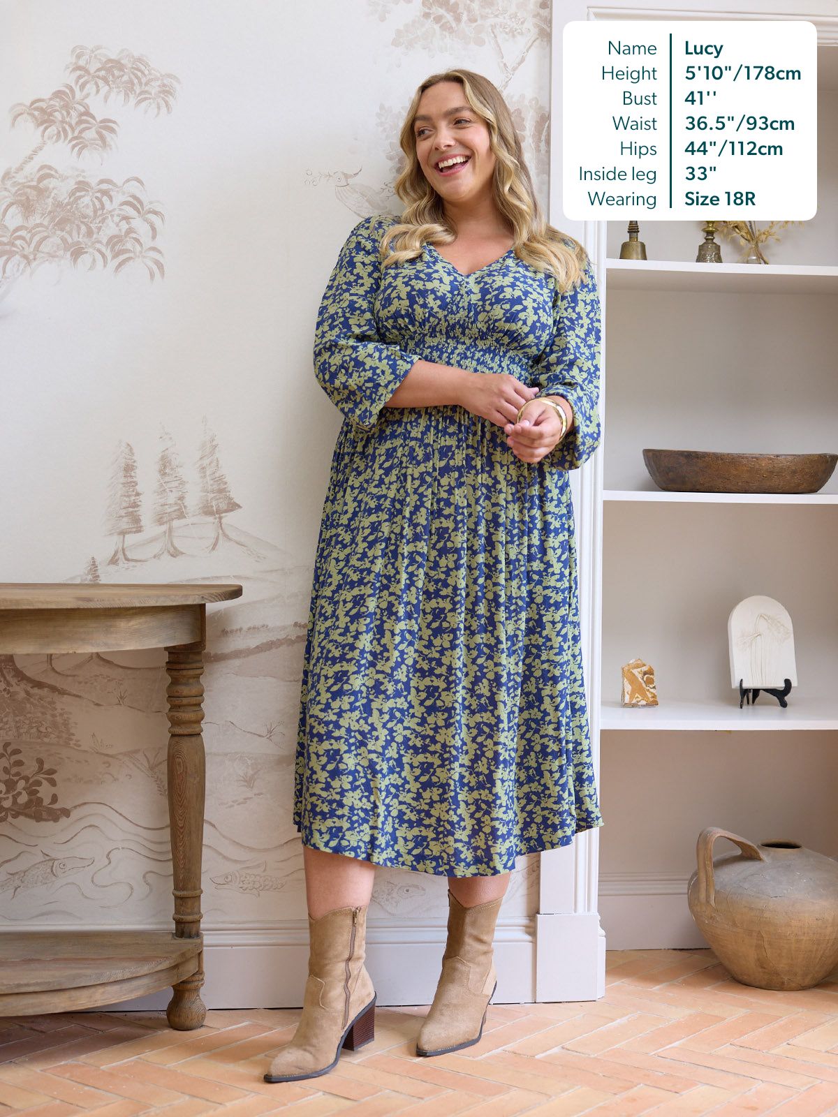 Maddie Long Sleeve Dress - Navy & Green Leaf Print