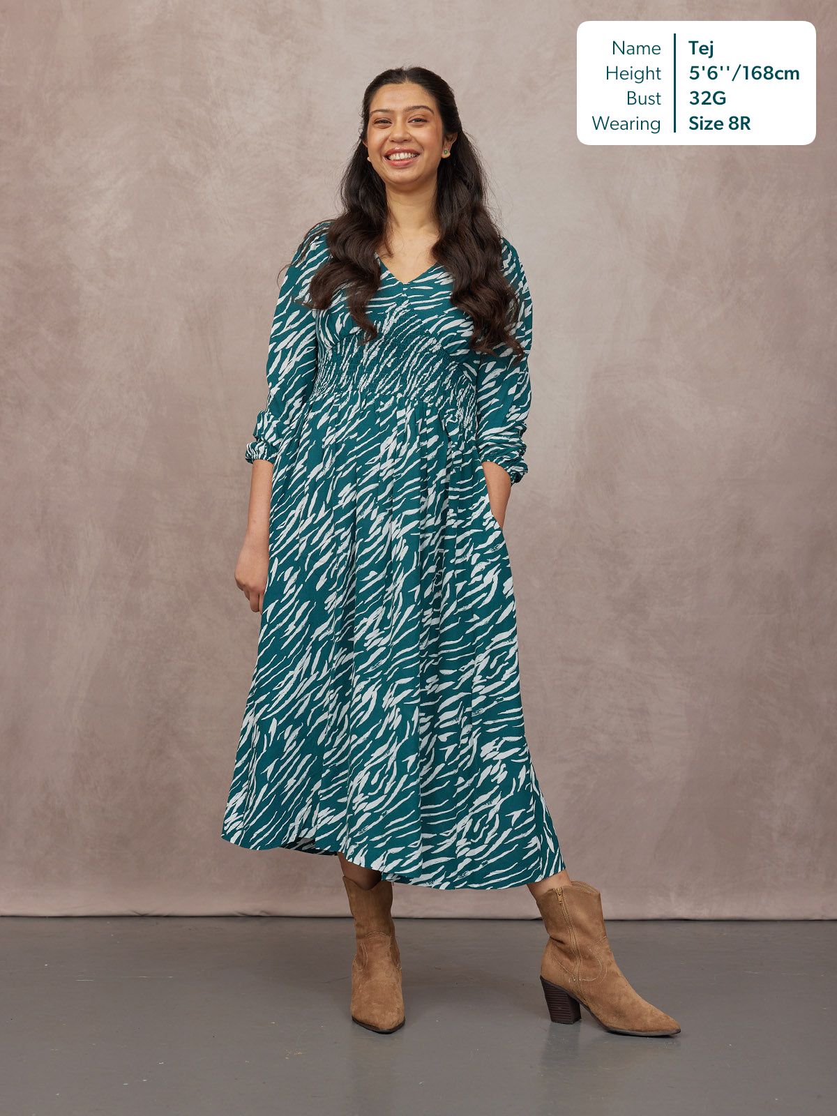 Maddie V-Neck Long Sleeve Dress - Abstract Animal Green & Ecru Print