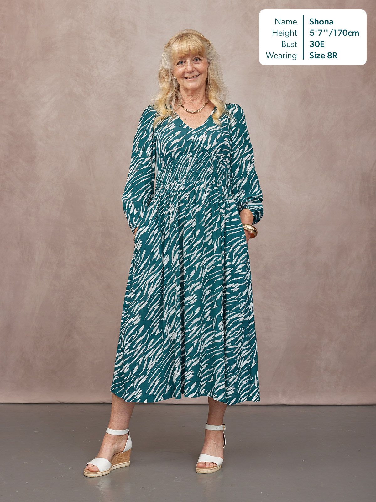 Maddie V-Neck Long Sleeve Dress - Abstract Animal Green & Ecru Print