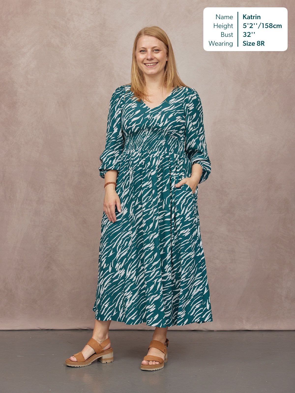 Maddie V-Neck Long Sleeve Dress - Abstract Animal Green & Ecru Print