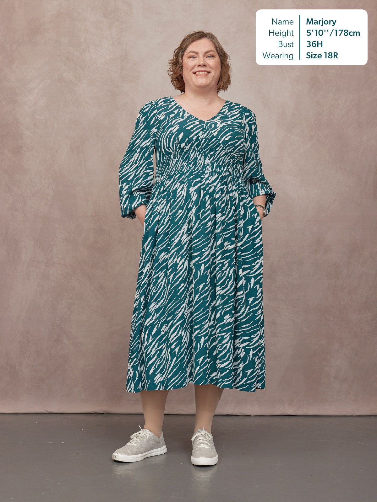 Maddie V-Neck Long Sleeve Dress - Abstract Animal Green & Ecru Print