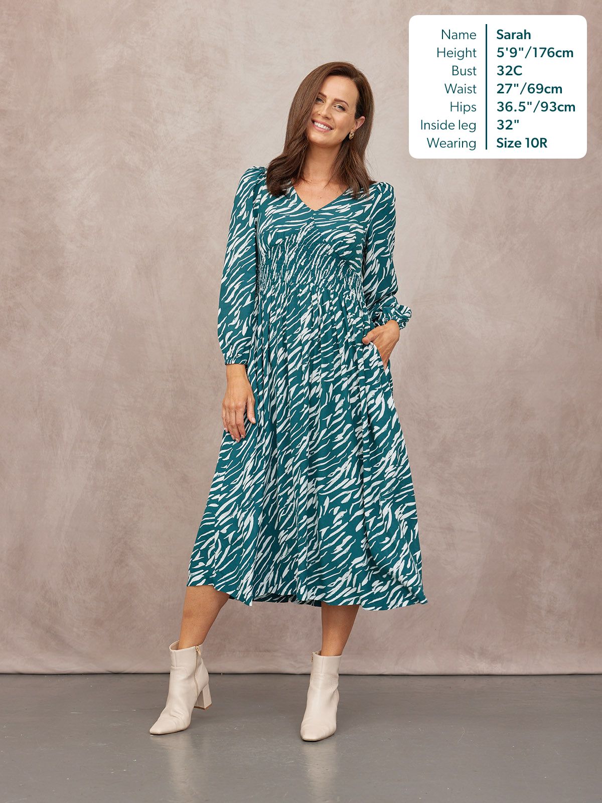 Maddie V-Neck Long Sleeve Dress - Abstract Animal Green & Ecru Print