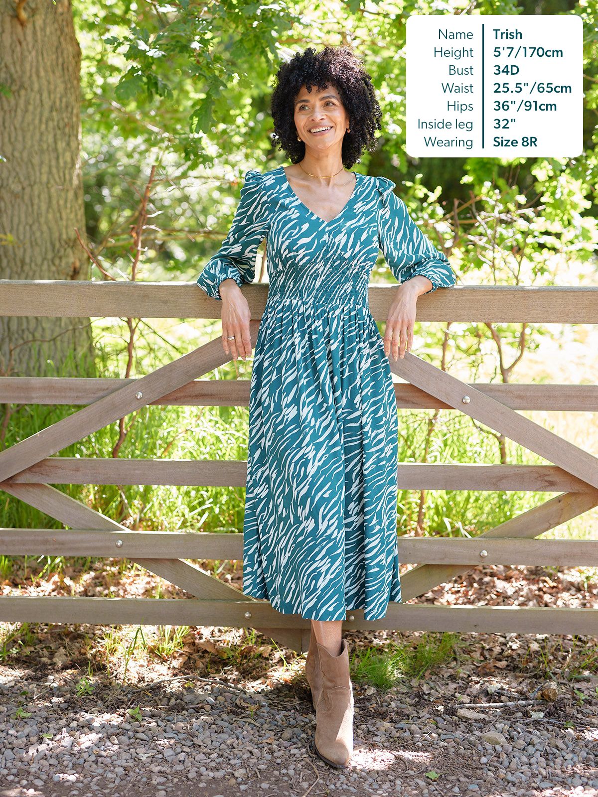 Maddie V-Neck Long Sleeve Dress - Abstract Animal Green & Ecru Print