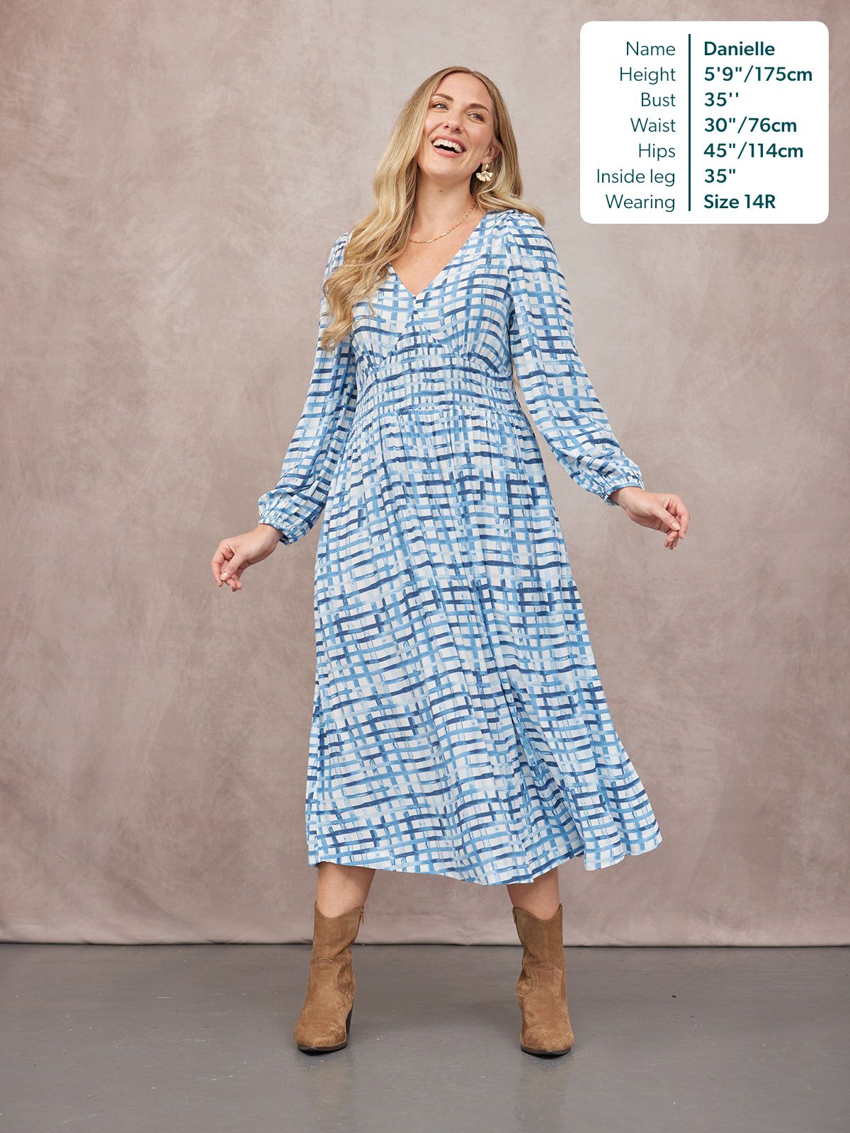 Maddie V-Neck Long Sleeve Dress - Geometric Blue & White Print