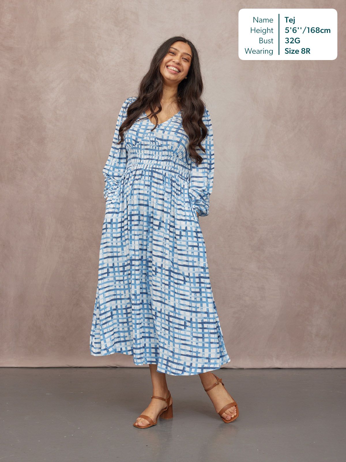 Maddie V-Neck Long Sleeve Dress - Geometric Blue & White Print