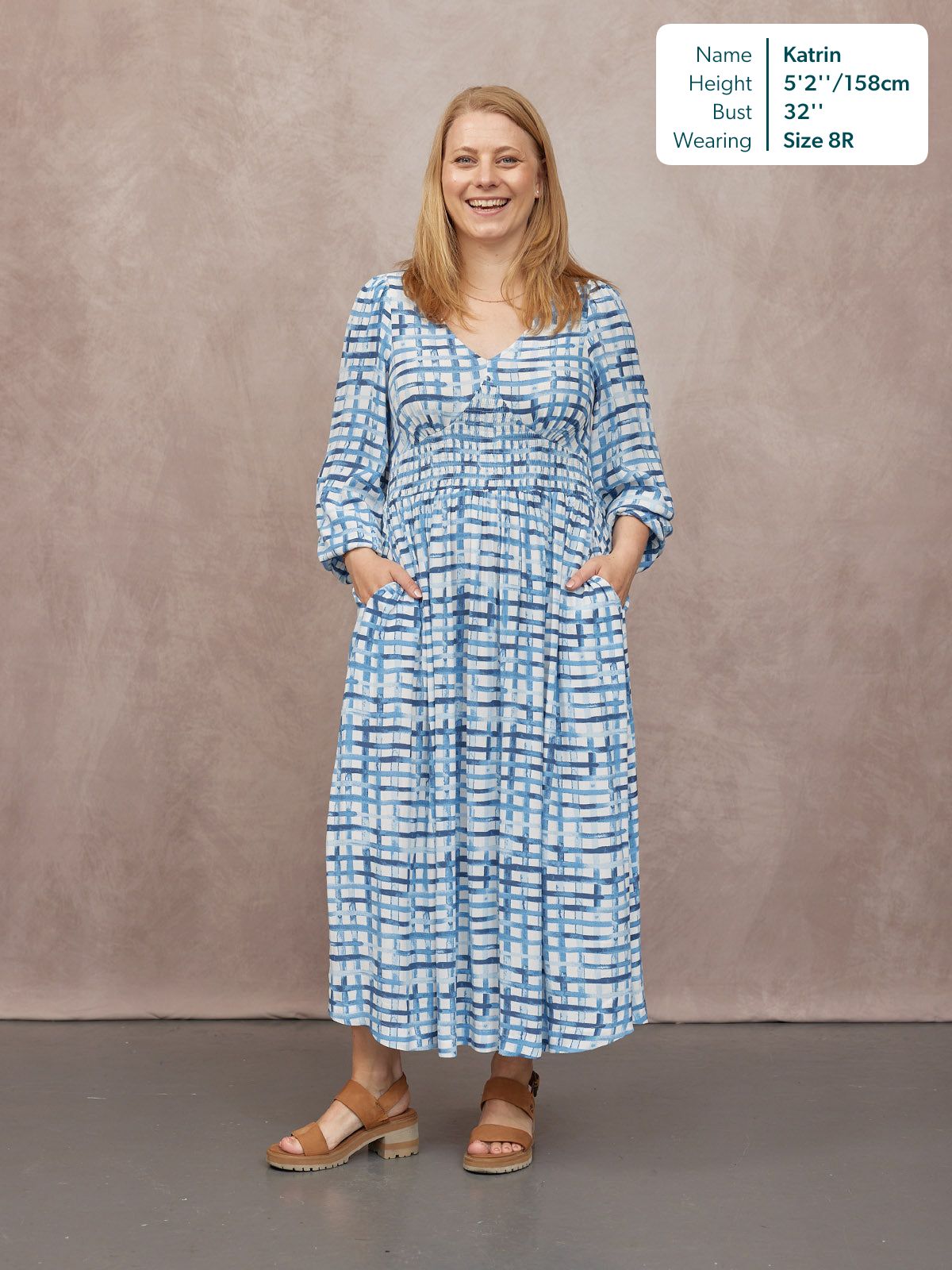 Maddie V-Neck Long Sleeve Dress - Geometric Blue & White Print