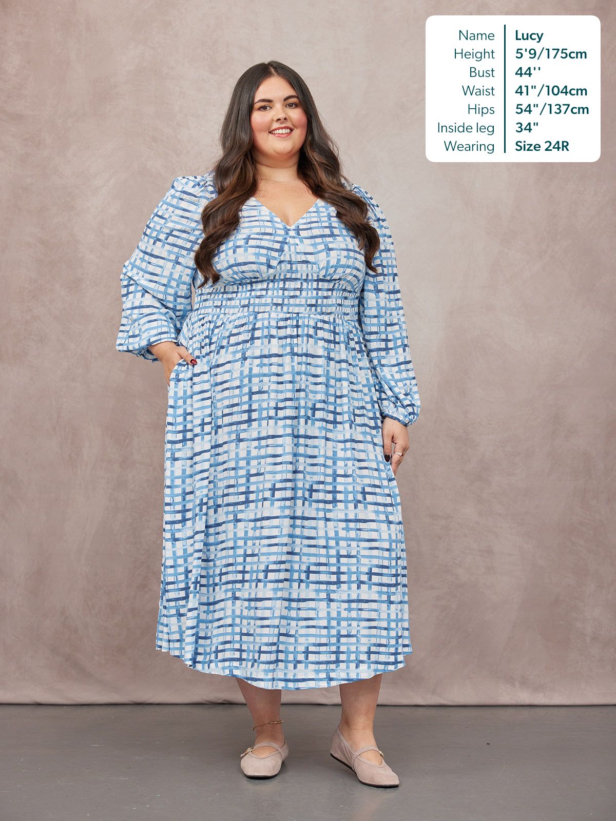 Maddie V-Neck Long Sleeve Dress - Geometric Blue & White Print