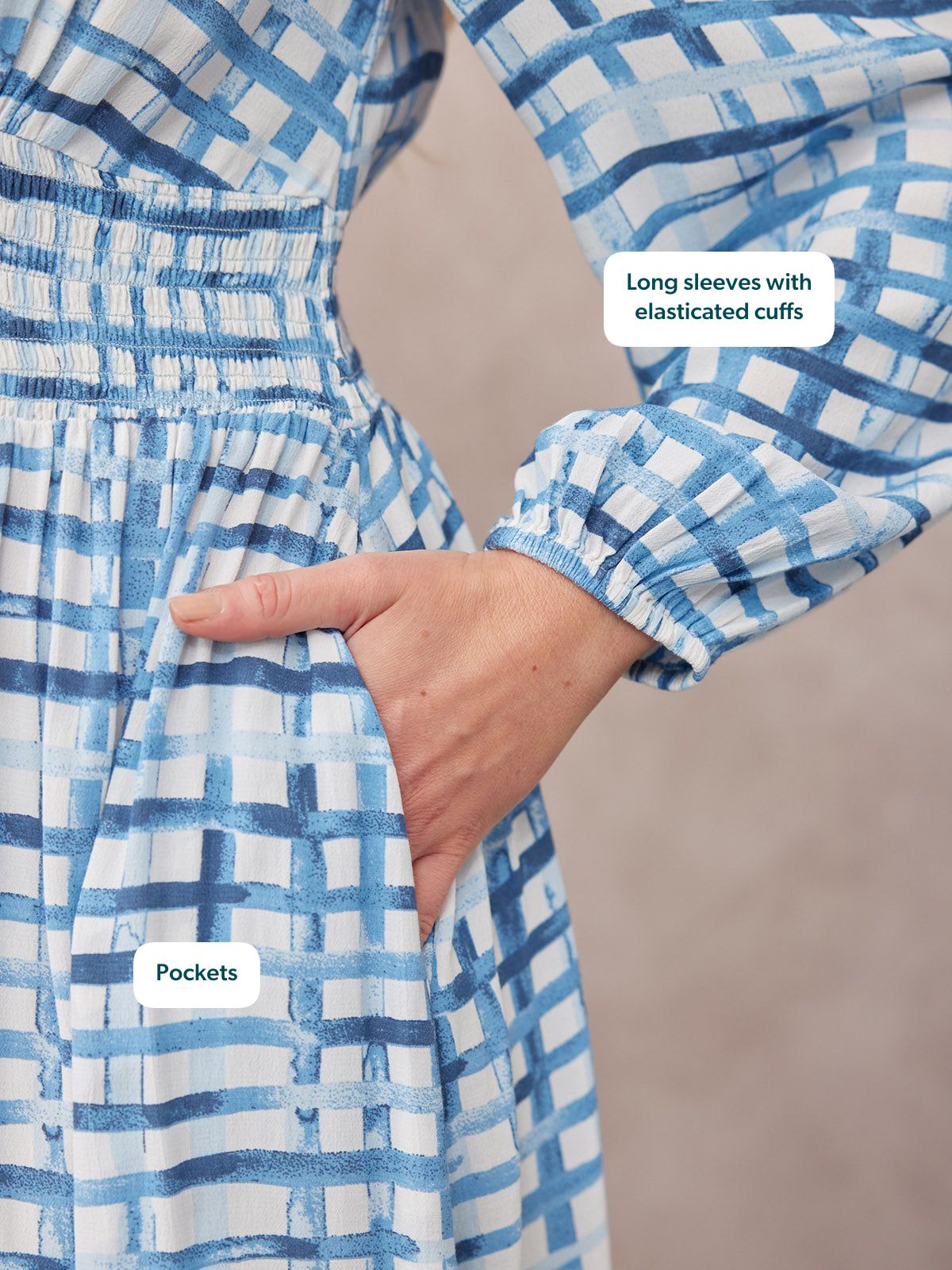 Maddie V-Neck Long Sleeve Dress - Geometric Blue & White Print