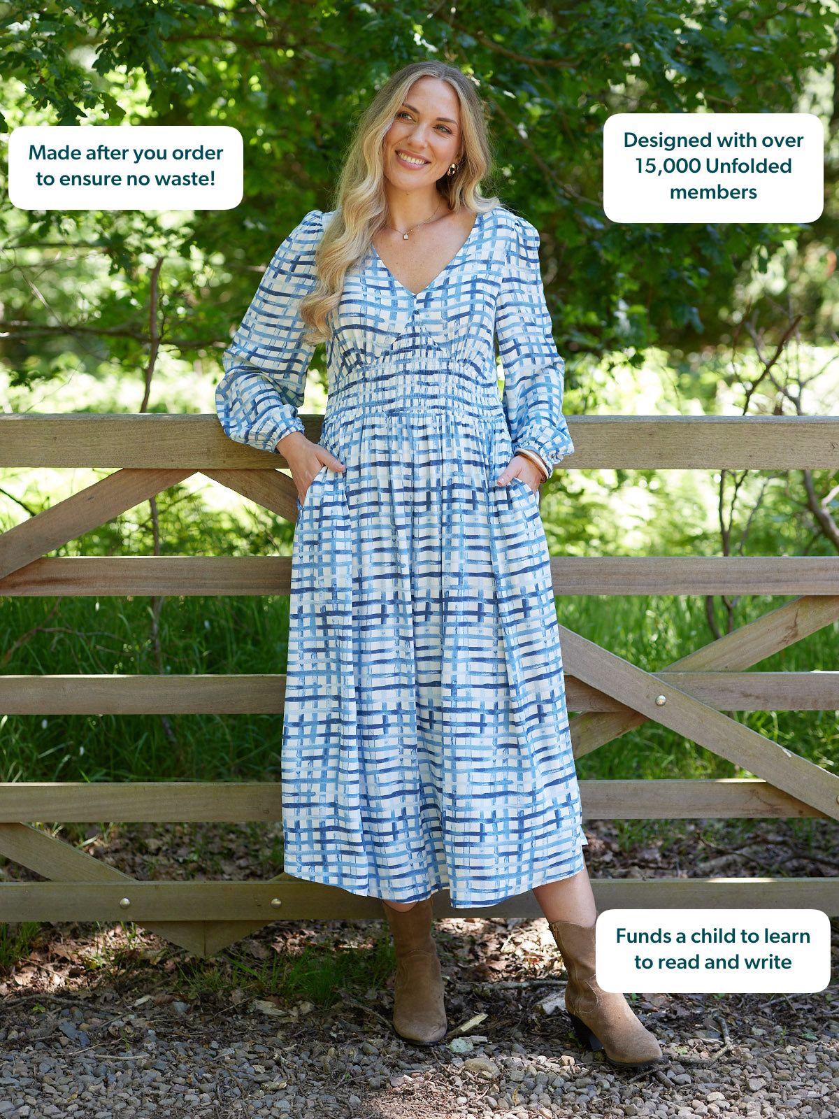 Maddie V-Neck Long Sleeve Dress - Geometric Blue & White Print