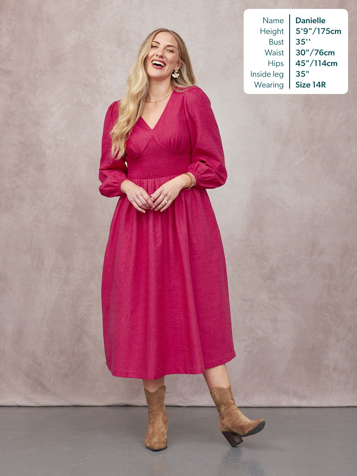 Maddie V-Neck Long Sleeve Jacquard Dress - Dark Pink