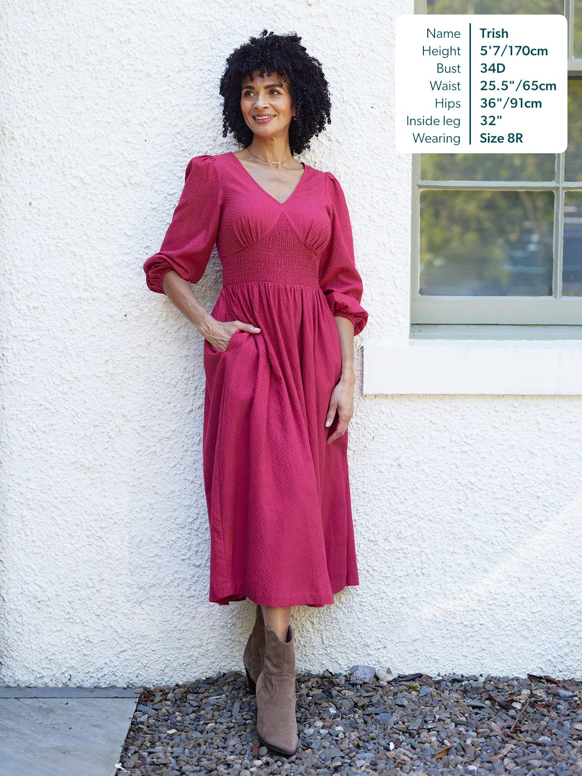 Maddie V-Neck Long Sleeve Jacquard Dress - Dark Pink