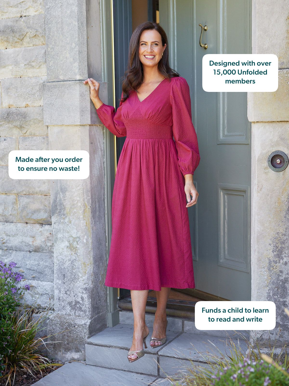 Maddie V-Neck Long Sleeve Jacquard Dress - Dark Pink