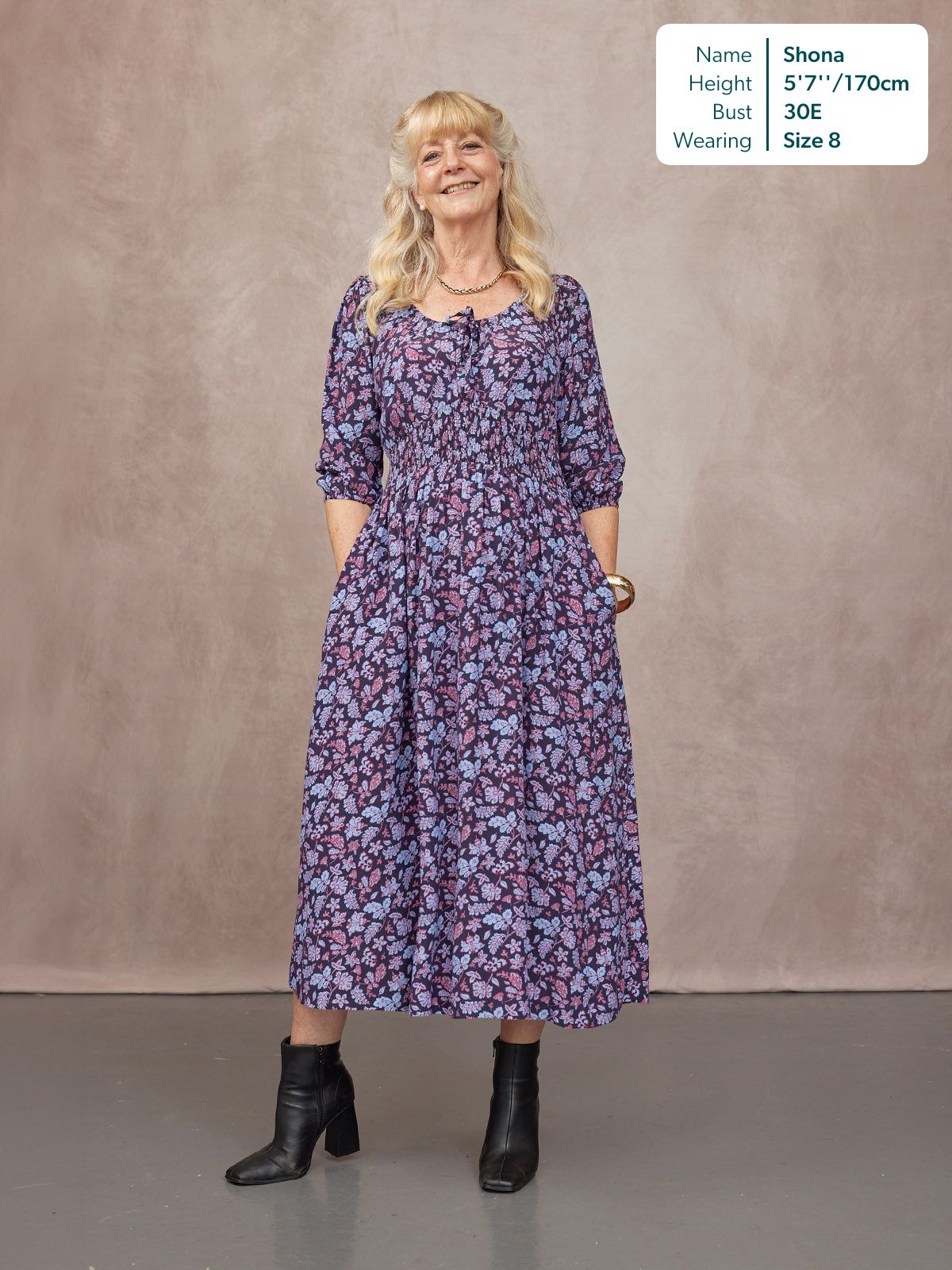 Marisol Scoop Neck Shirred Dress - Navy Floral