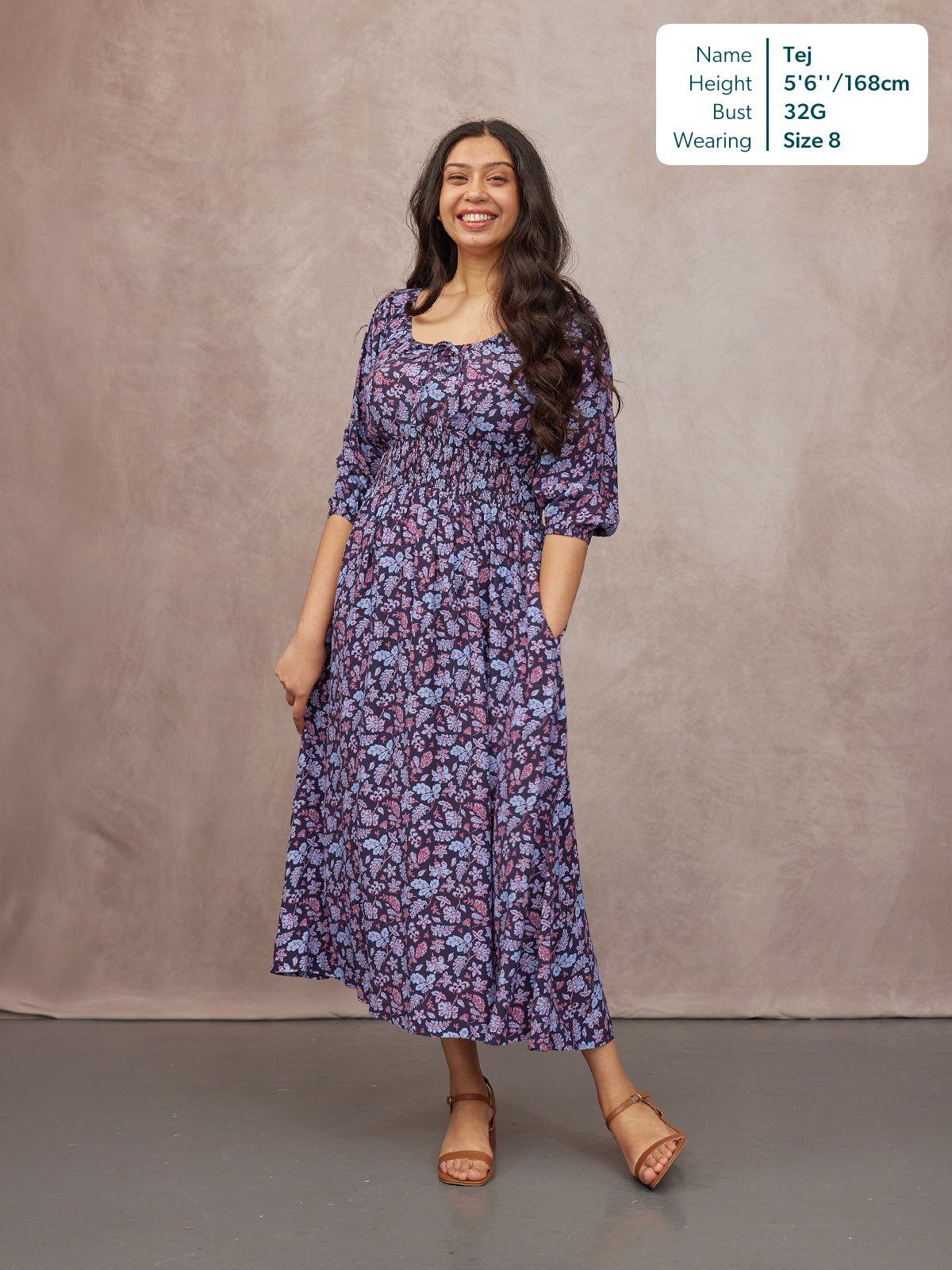 Marisol Scoop Neck Shirred Dress - Navy Floral