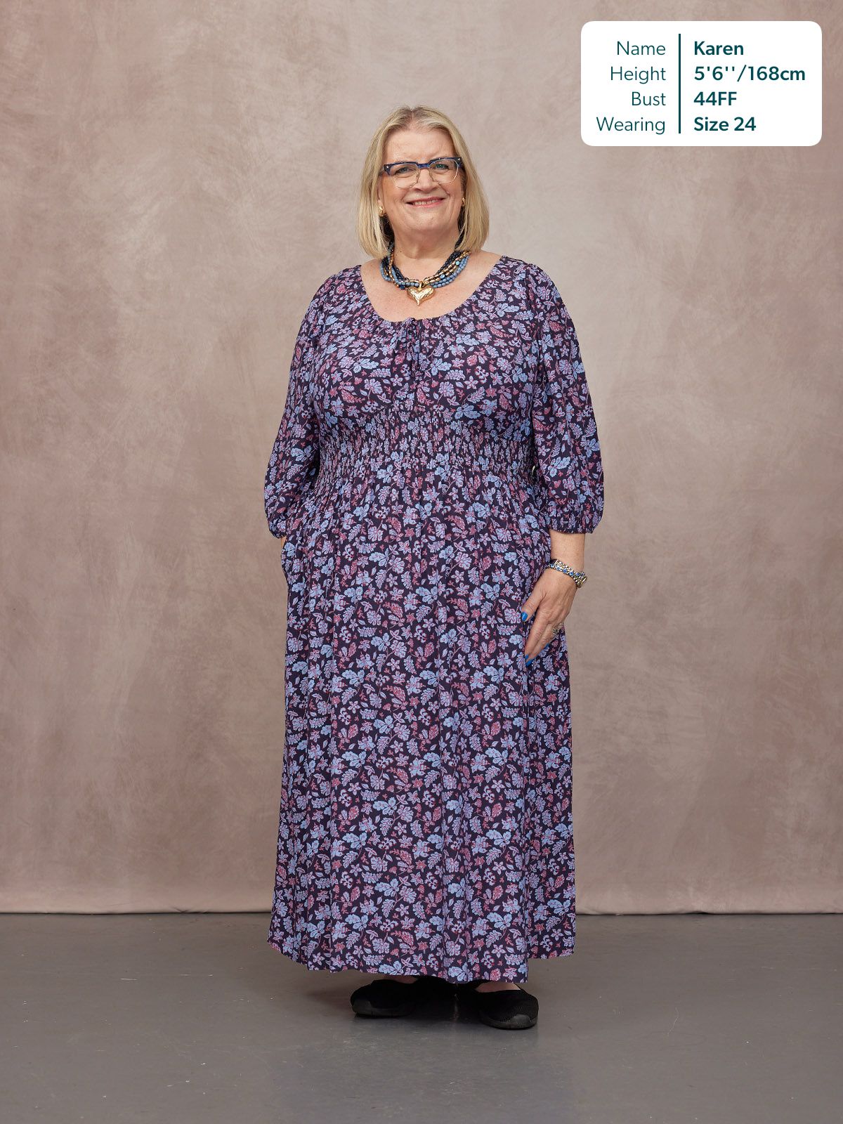 Marisol Scoop Neck Shirred Dress - Navy Floral