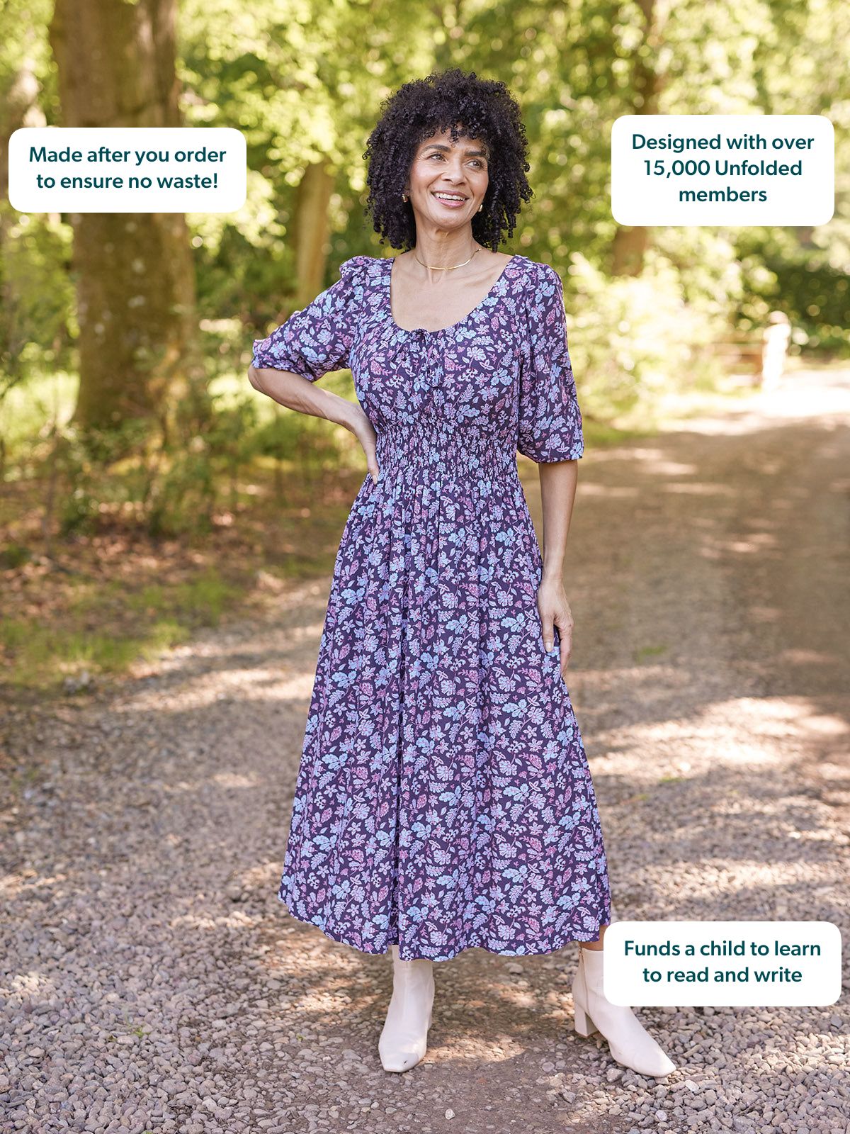 Marisol Scoop Neck Shirred Dress - Navy Floral