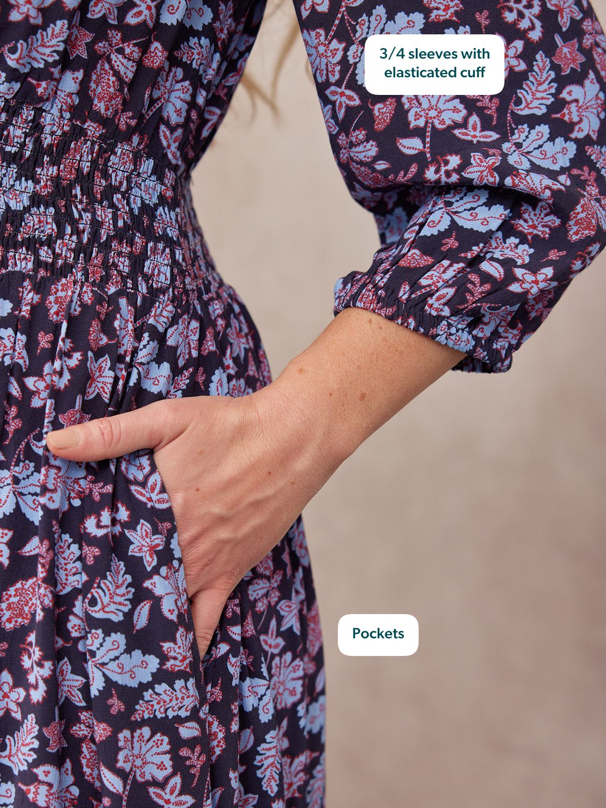Marisol Scoop Neck Shirred Dress - Navy Floral