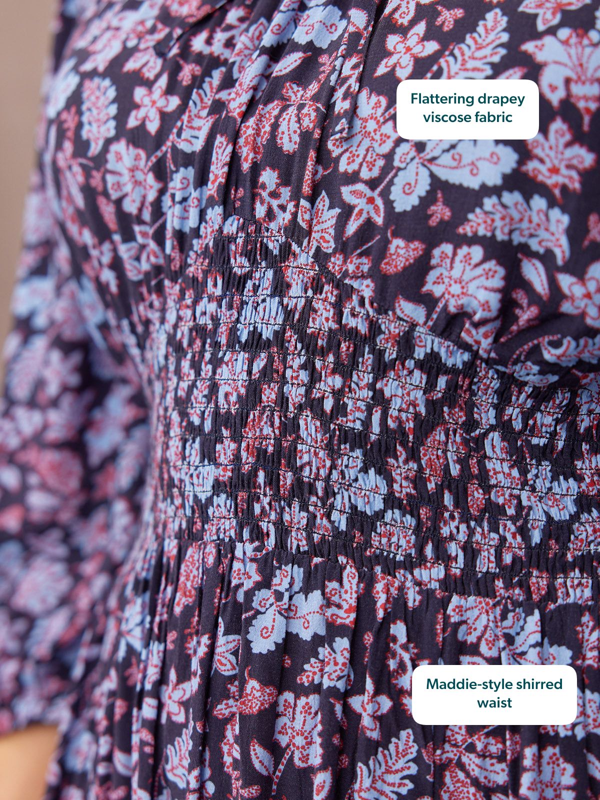 Marisol Scoop Neck Shirred Dress - Navy Floral