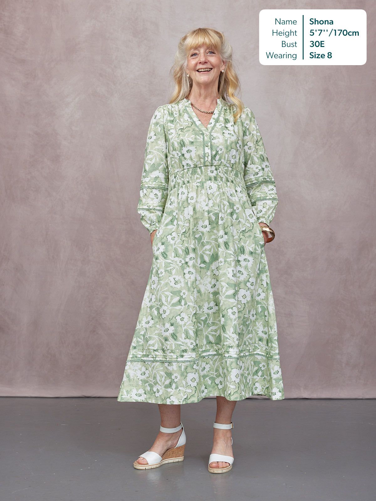 May Long Sleeve Shirred Neckline Dress - Green & White Watercolour Floral Print